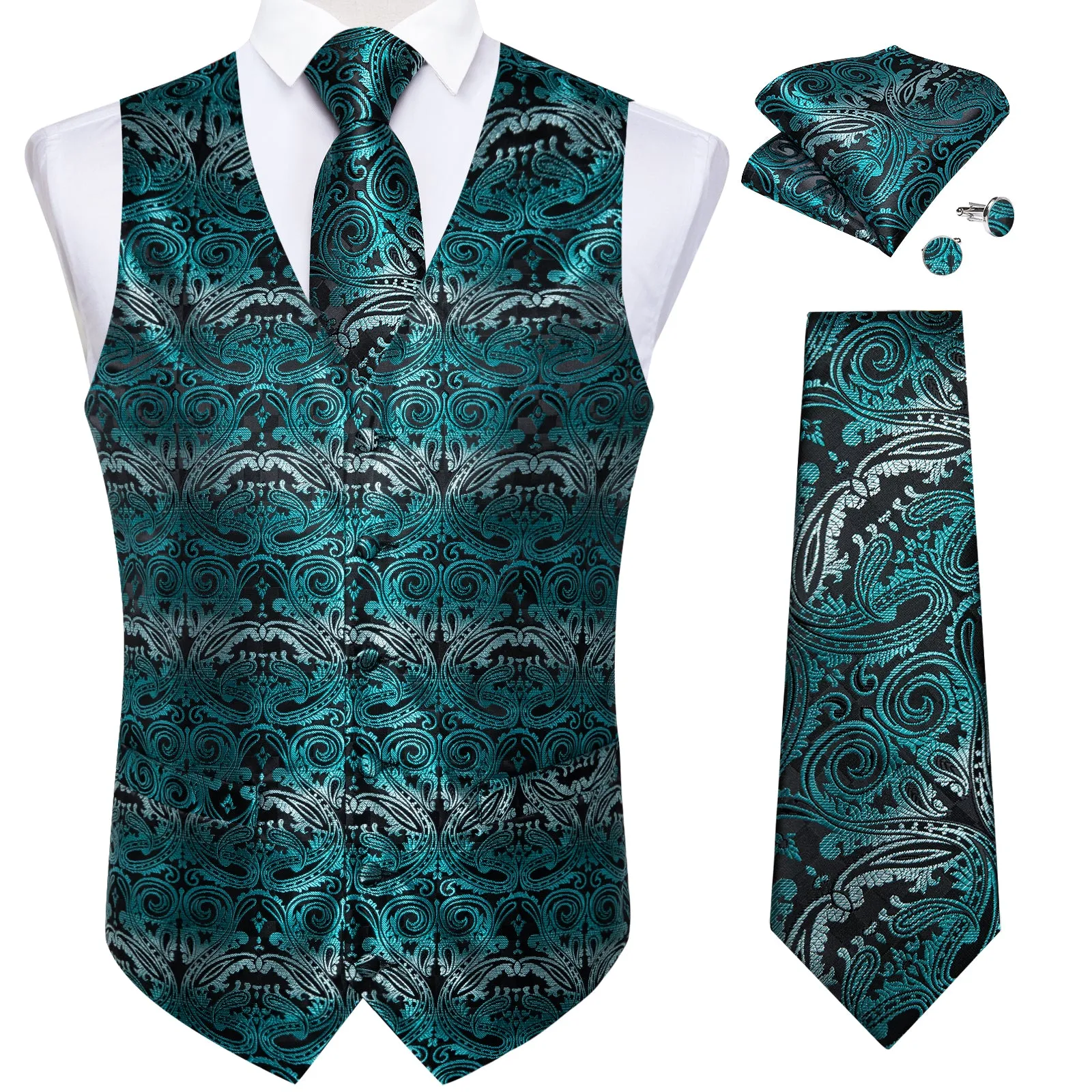 Blue Grey Paisley Silk Men's Vest Hanky Cufflinks Tie Set