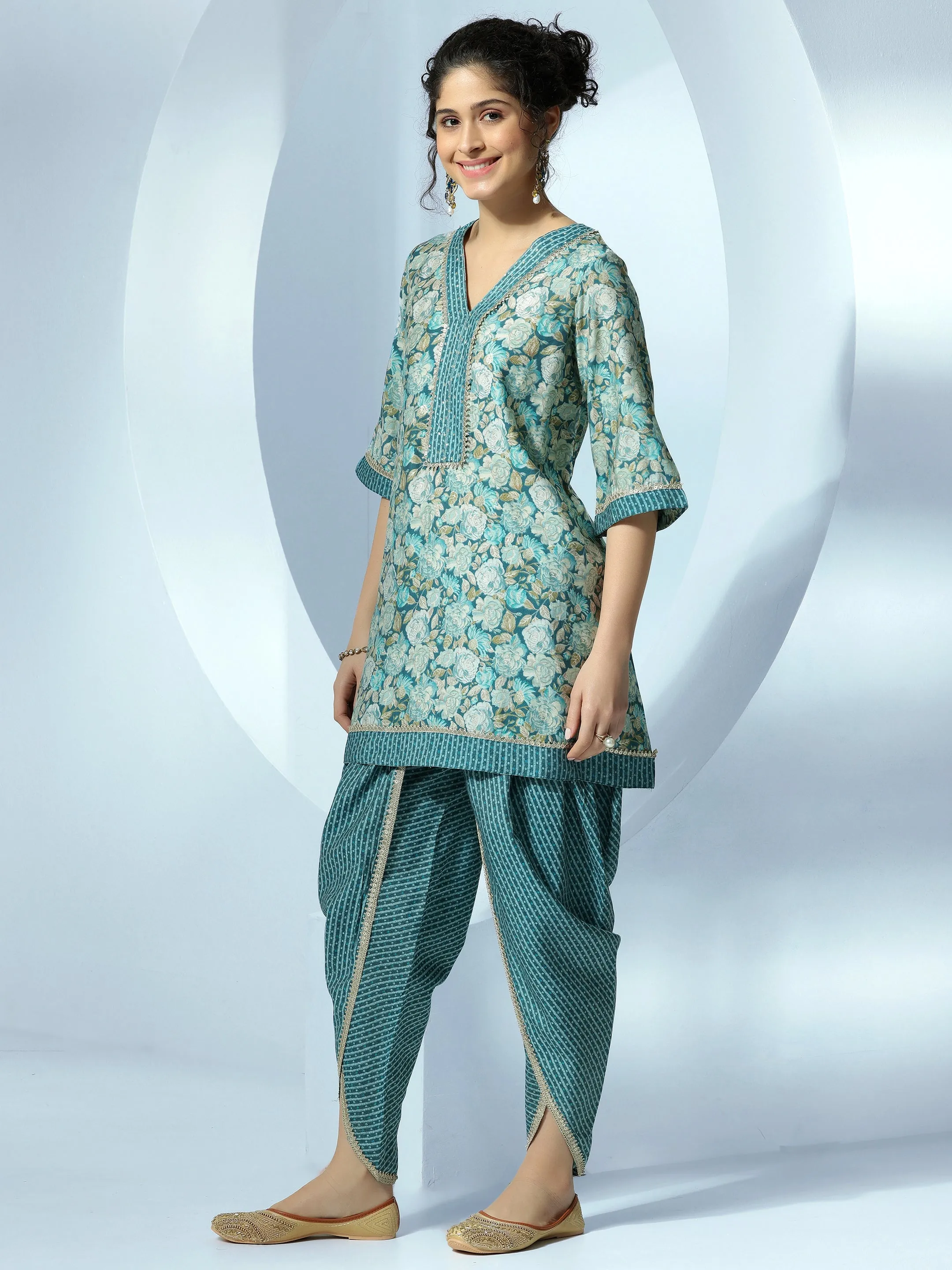 Blue Printed Silk Blend A-Line Kurta With Dhoti Pants