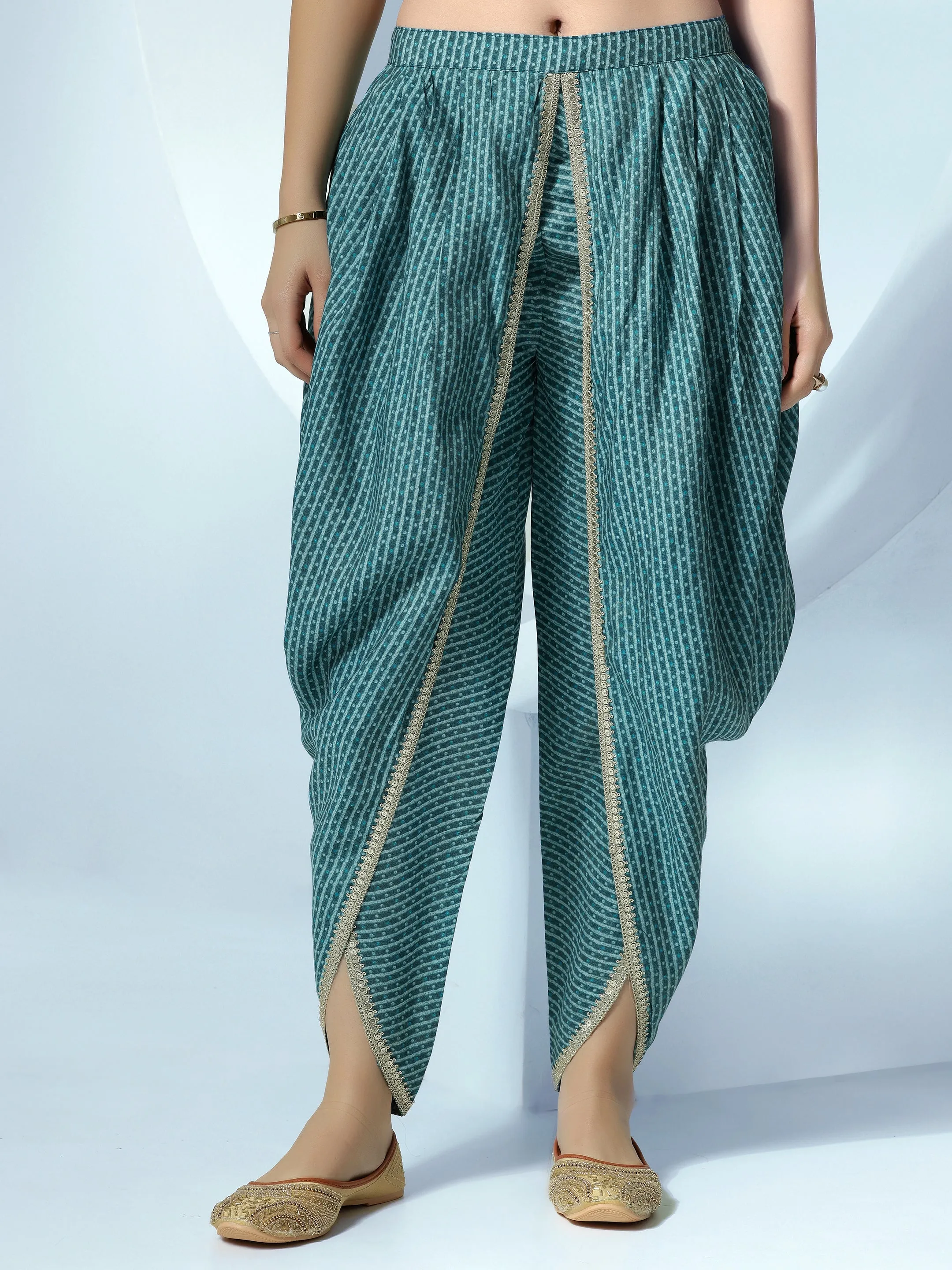 Blue Printed Silk Blend A-Line Kurta With Dhoti Pants