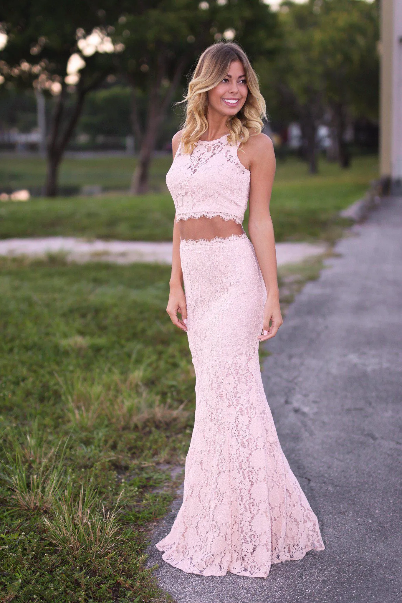 Blush Lace Crop Top and Skirt Set