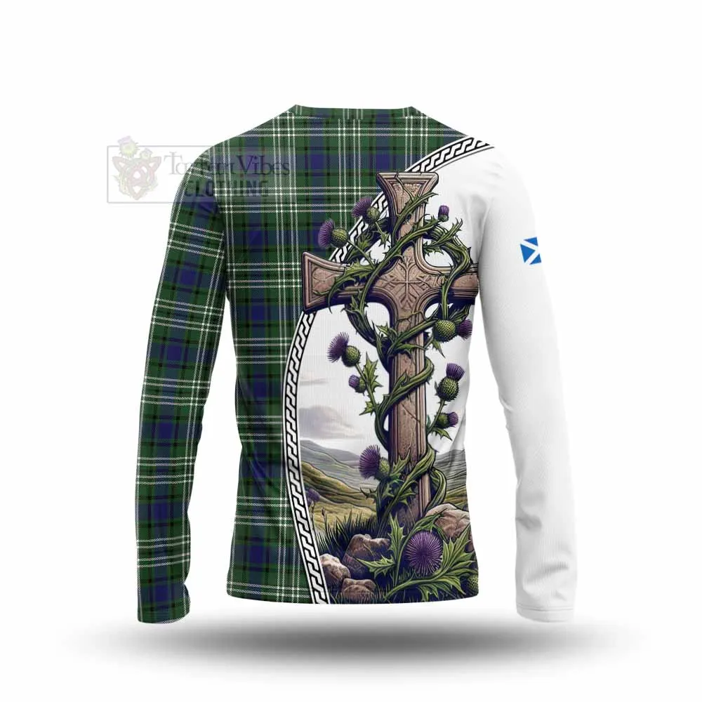 Blyth Tartan Long Sleeve T-Shirt with Family Crest and St. Andrew's Cross Accented by Thistle Vines