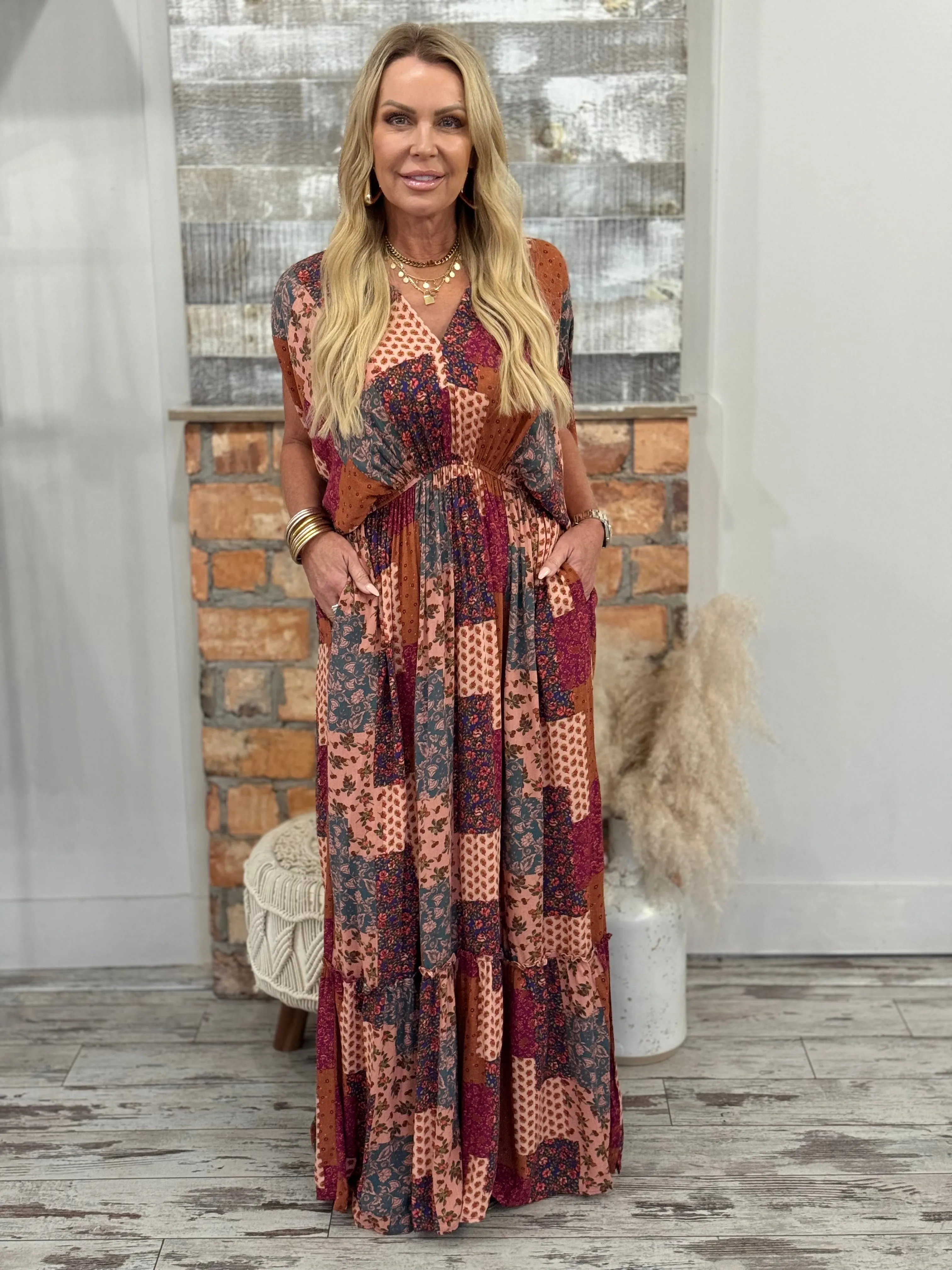 Boho Patchwork Ruffle Hem Maxi Dress