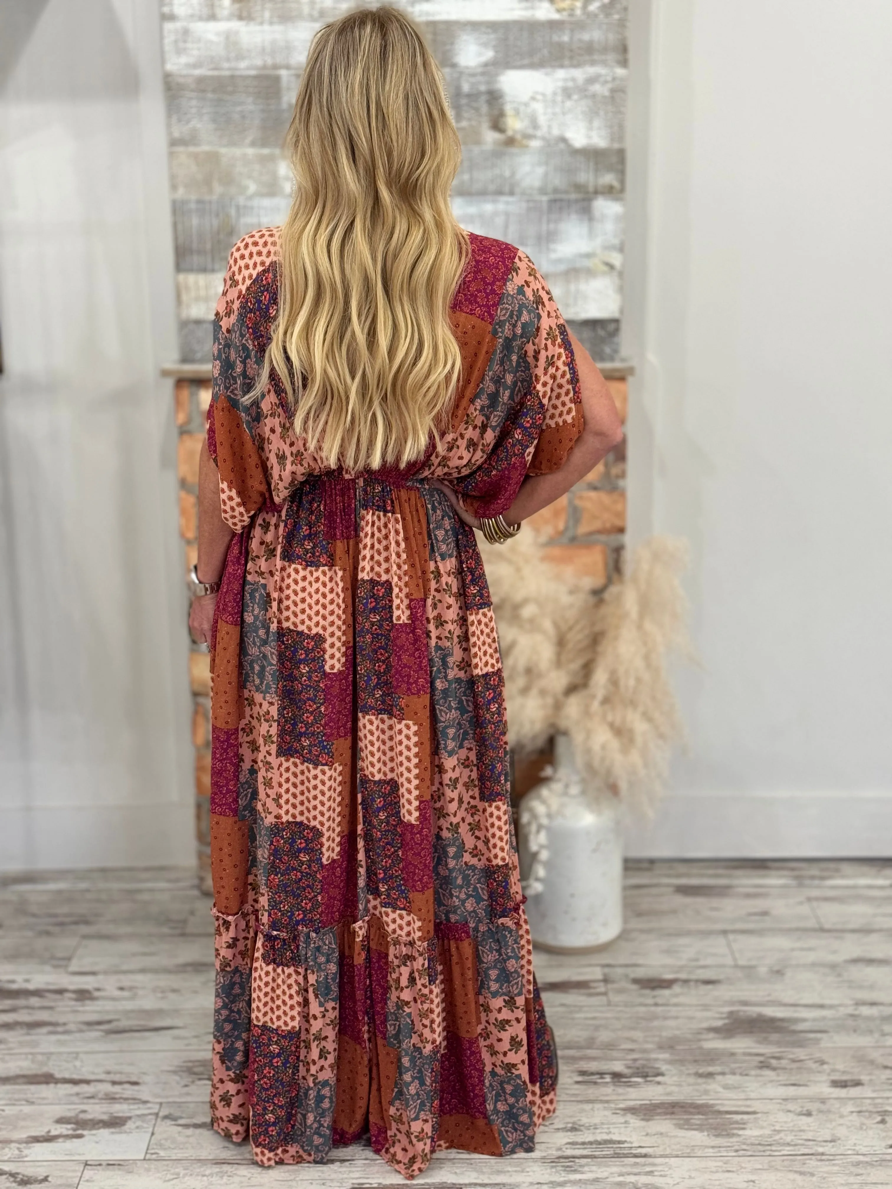 Boho Patchwork Ruffle Hem Maxi Dress