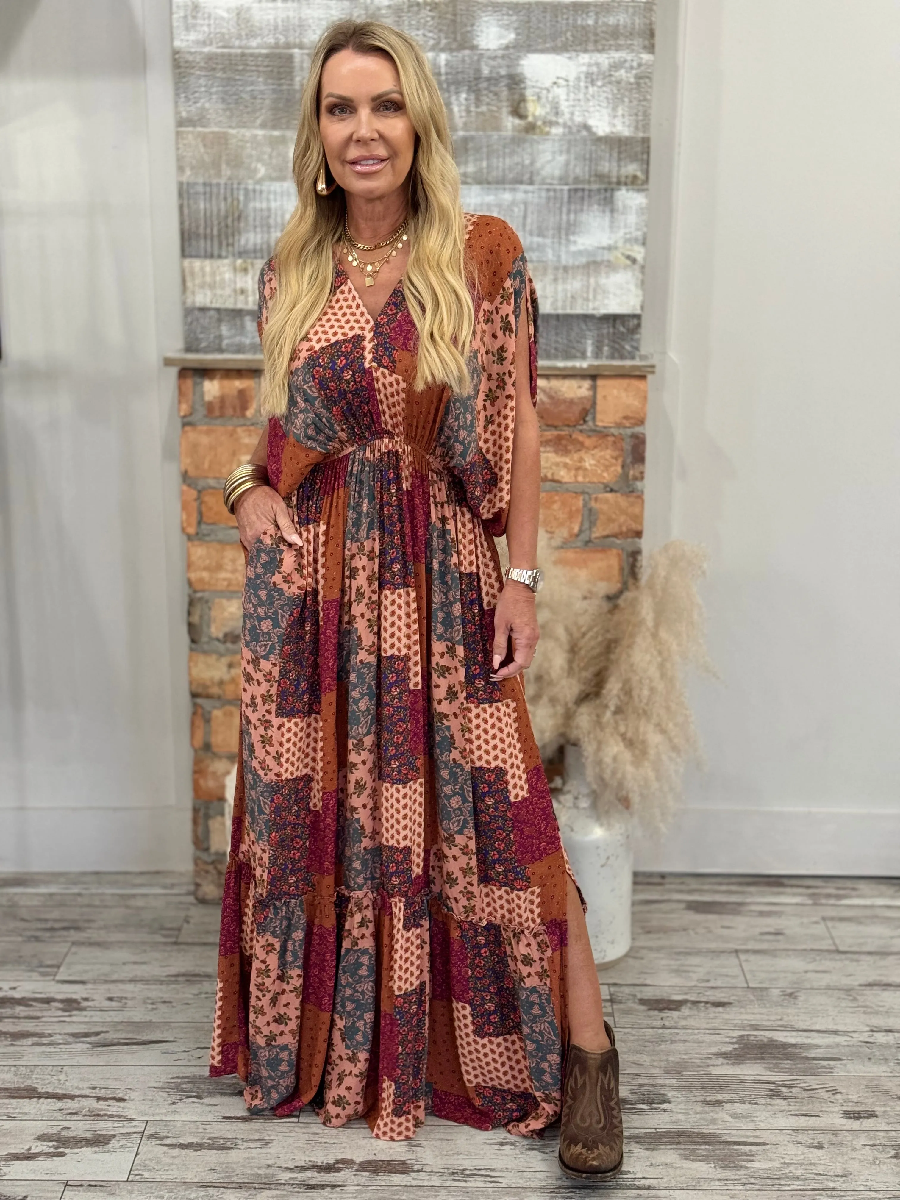 Boho Patchwork Ruffle Hem Maxi Dress