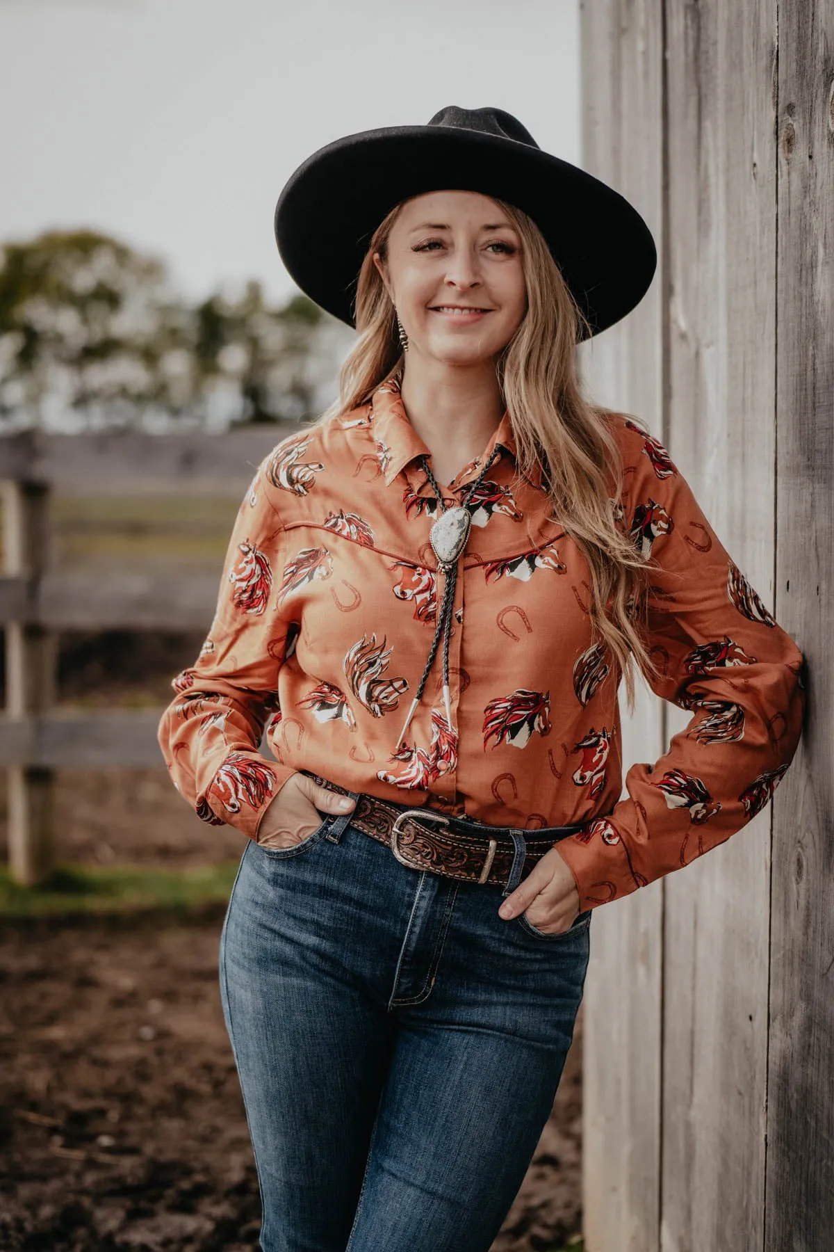 'Bria' Rust Vintage Horse Head Pearl Snap Shirt (S - XL)