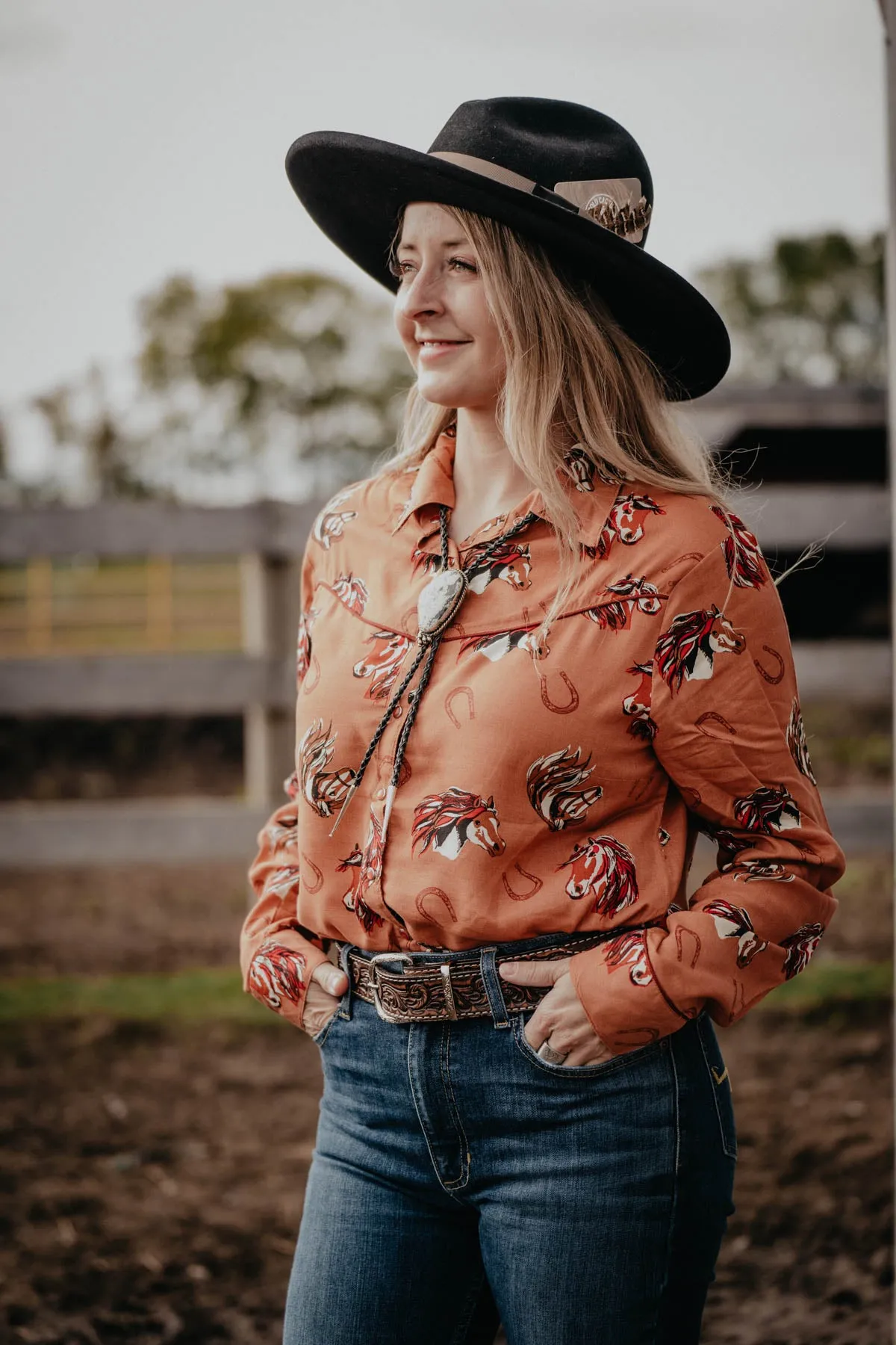 'Bria' Rust Vintage Horse Head Pearl Snap Shirt (S - XL)