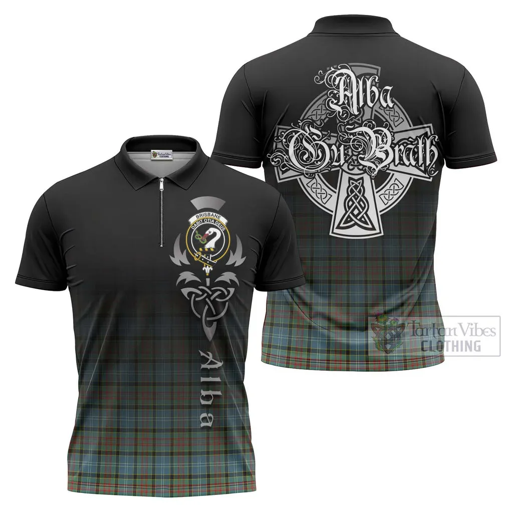 Brisbane Tartan Zipper Polo Shirt Featuring Alba Gu Brath Family Crest Celtic Inspired