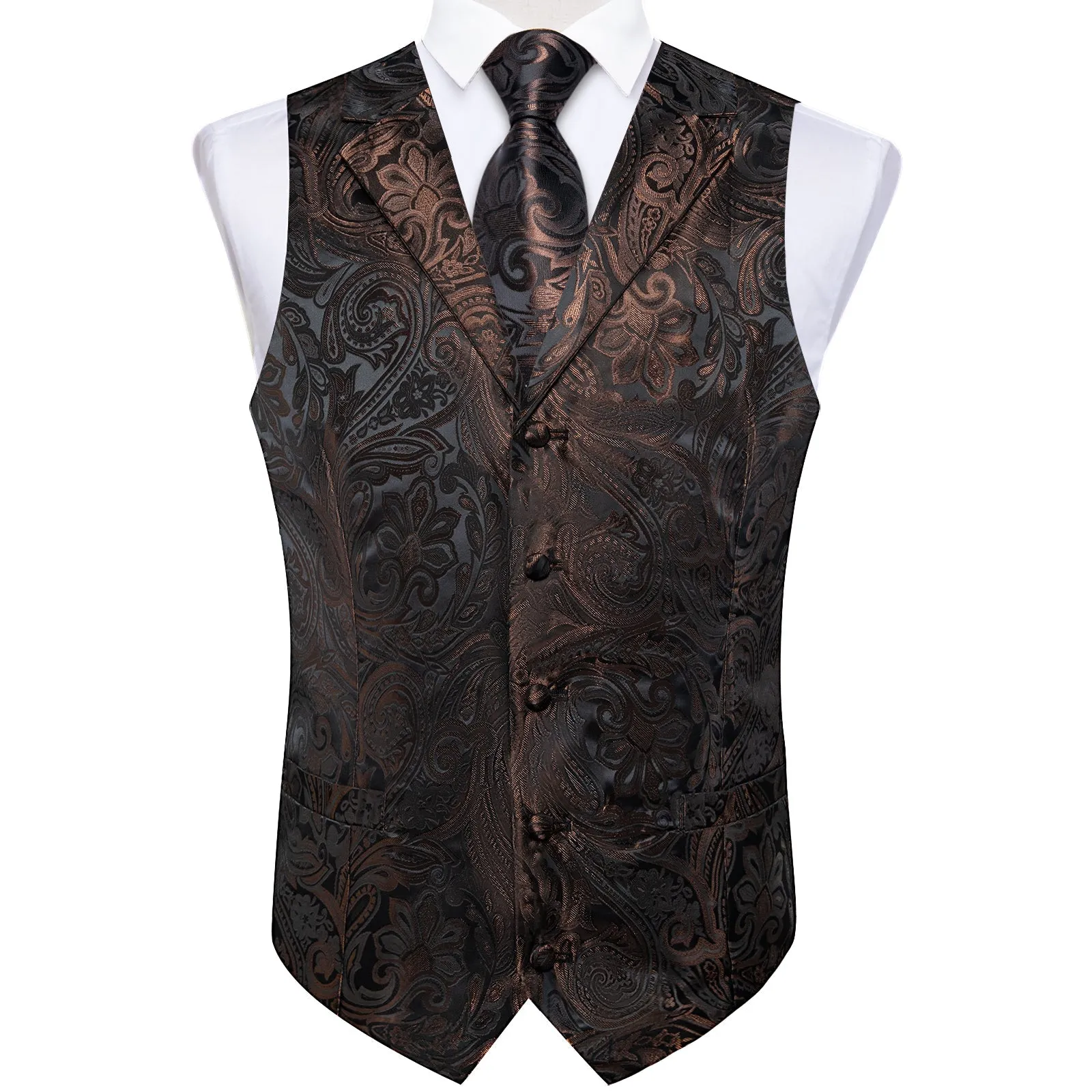 Brown Black Paisley Men's Collar Vest Tie Hanky Cufflinks Set Waistcoat Suit Set