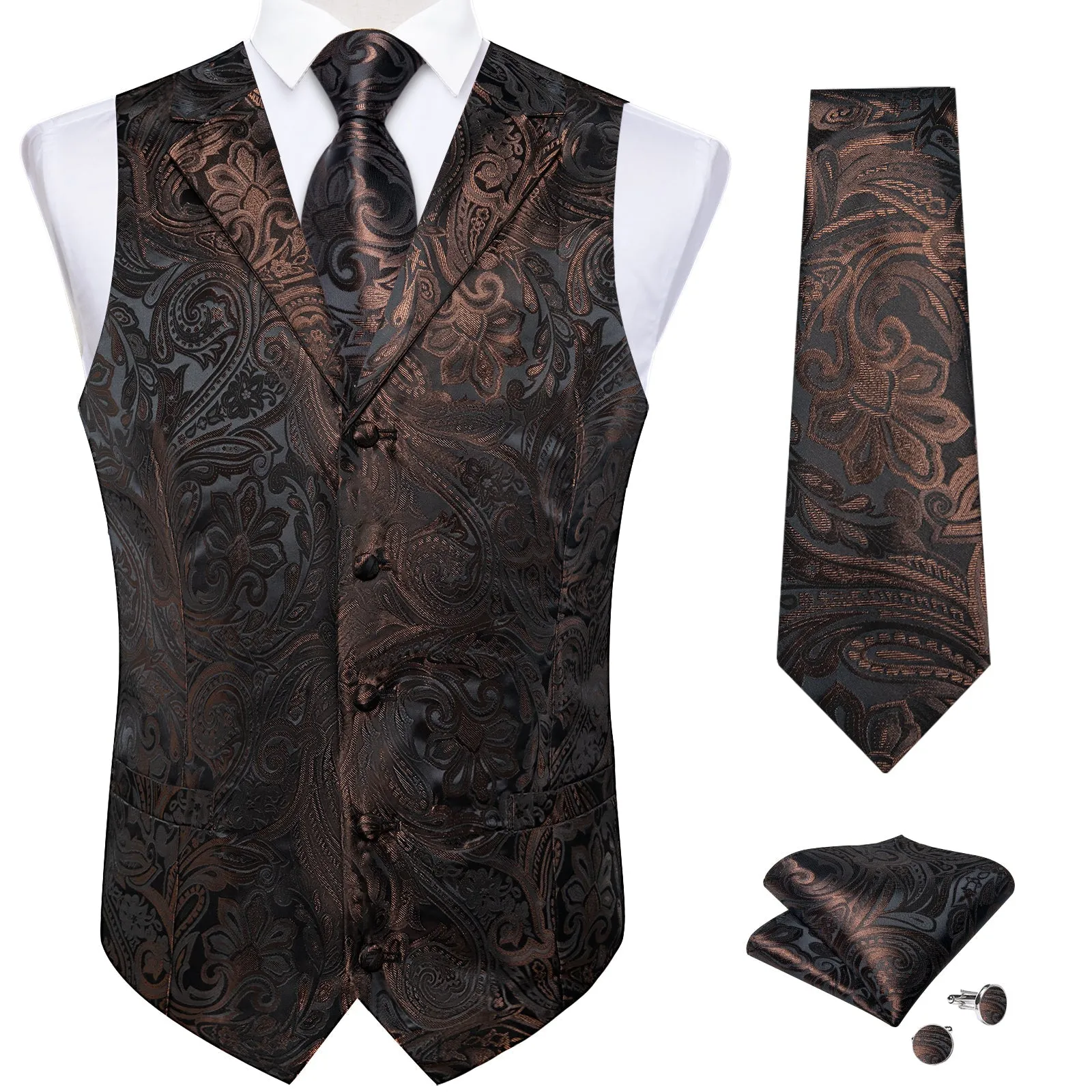 Brown Black Paisley Men's Collar Vest Tie Hanky Cufflinks Set Waistcoat Suit Set