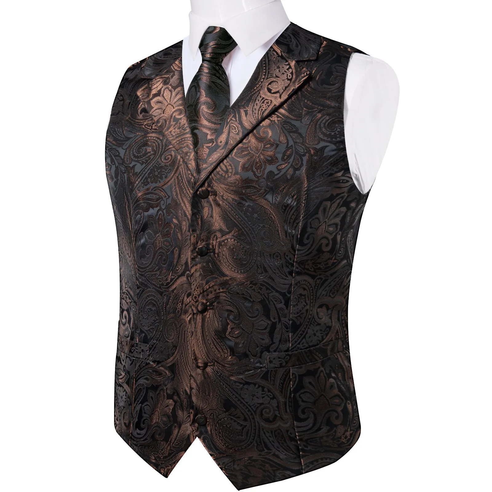 Brown Black Paisley Men's Collar Vest Tie Hanky Cufflinks Set Waistcoat Suit Set