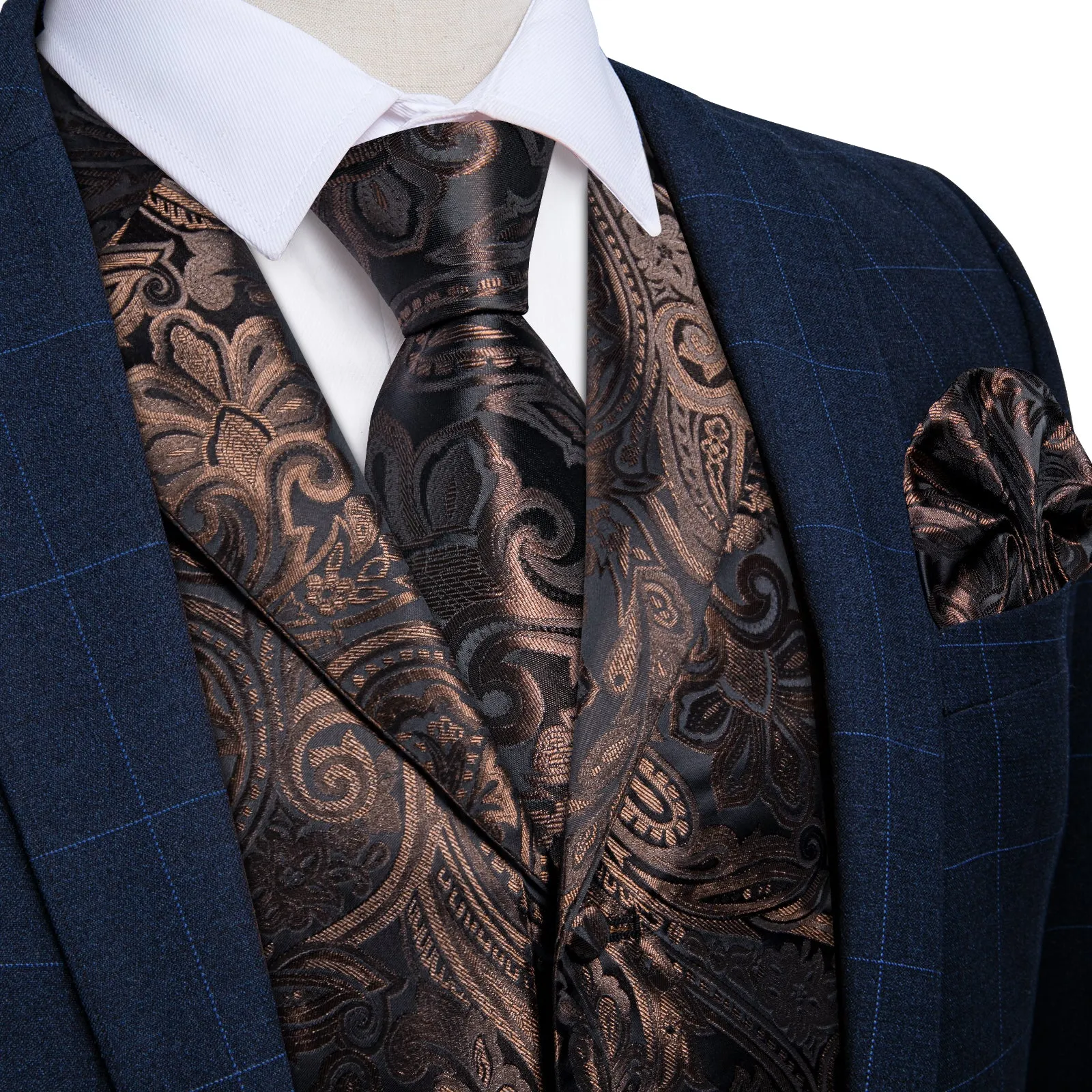 Brown Black Paisley Men's Collar Vest Tie Hanky Cufflinks Set Waistcoat Suit Set