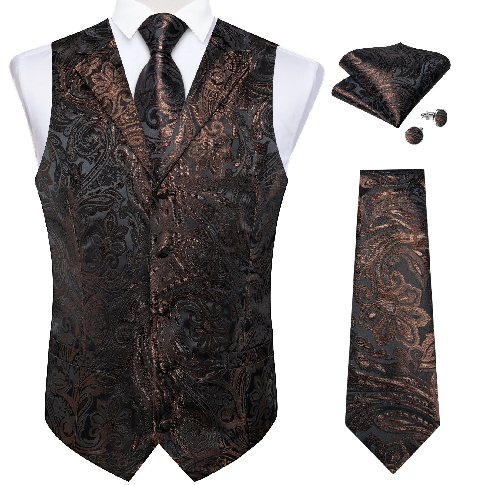 Brown Black Paisley Men's Collar Vest Tie Hanky Cufflinks Set Waistcoat Suit Set