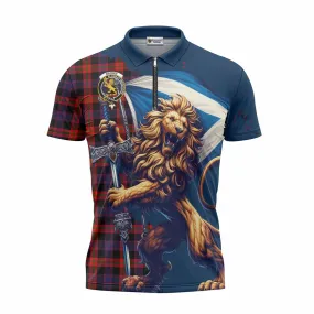 Brown (Broun) Tartan Family Crest Zipper Polo Shirt with Scottish Majestic Lion