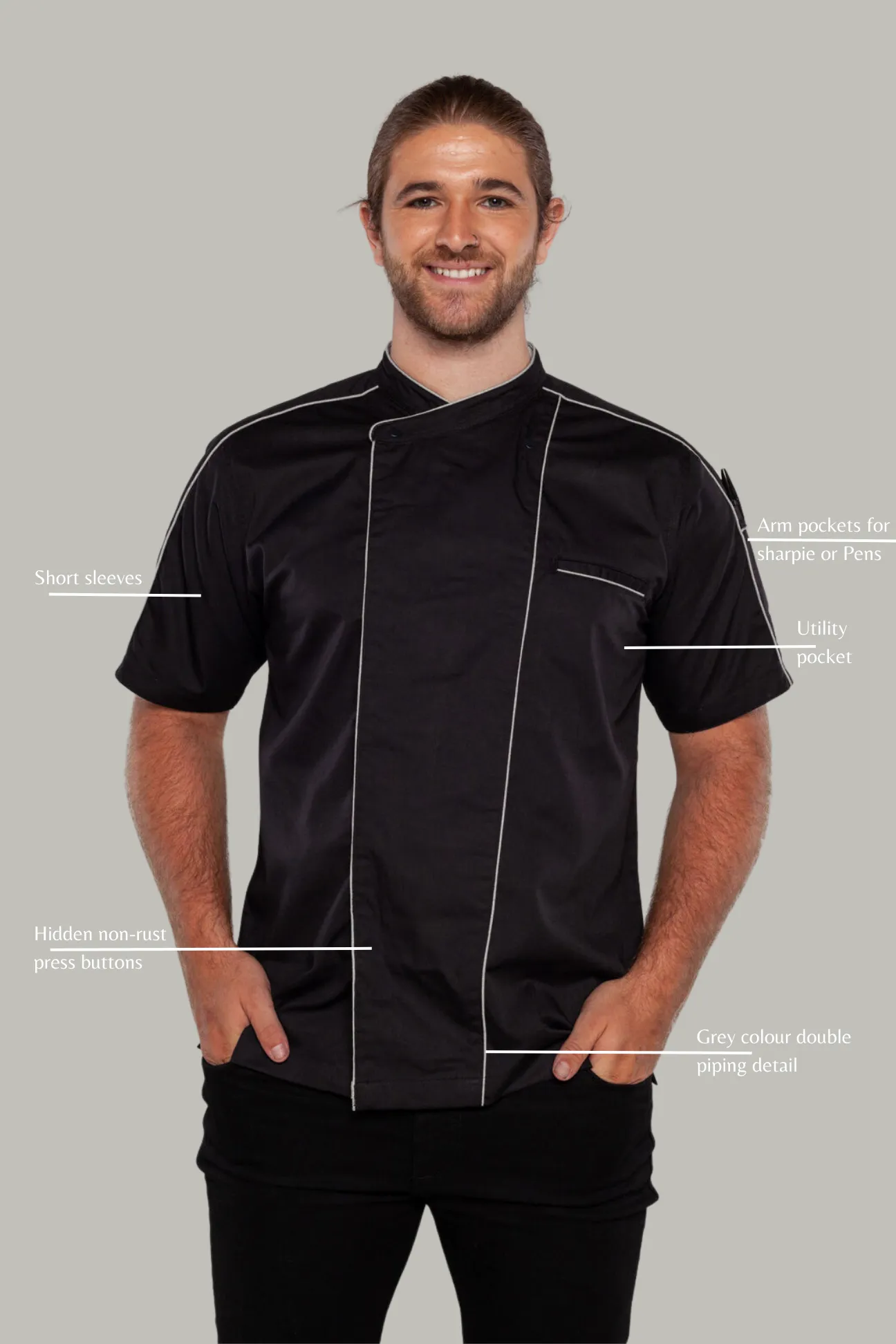 Bryan Chef Jacket Black with Grey Trim and Coolvent