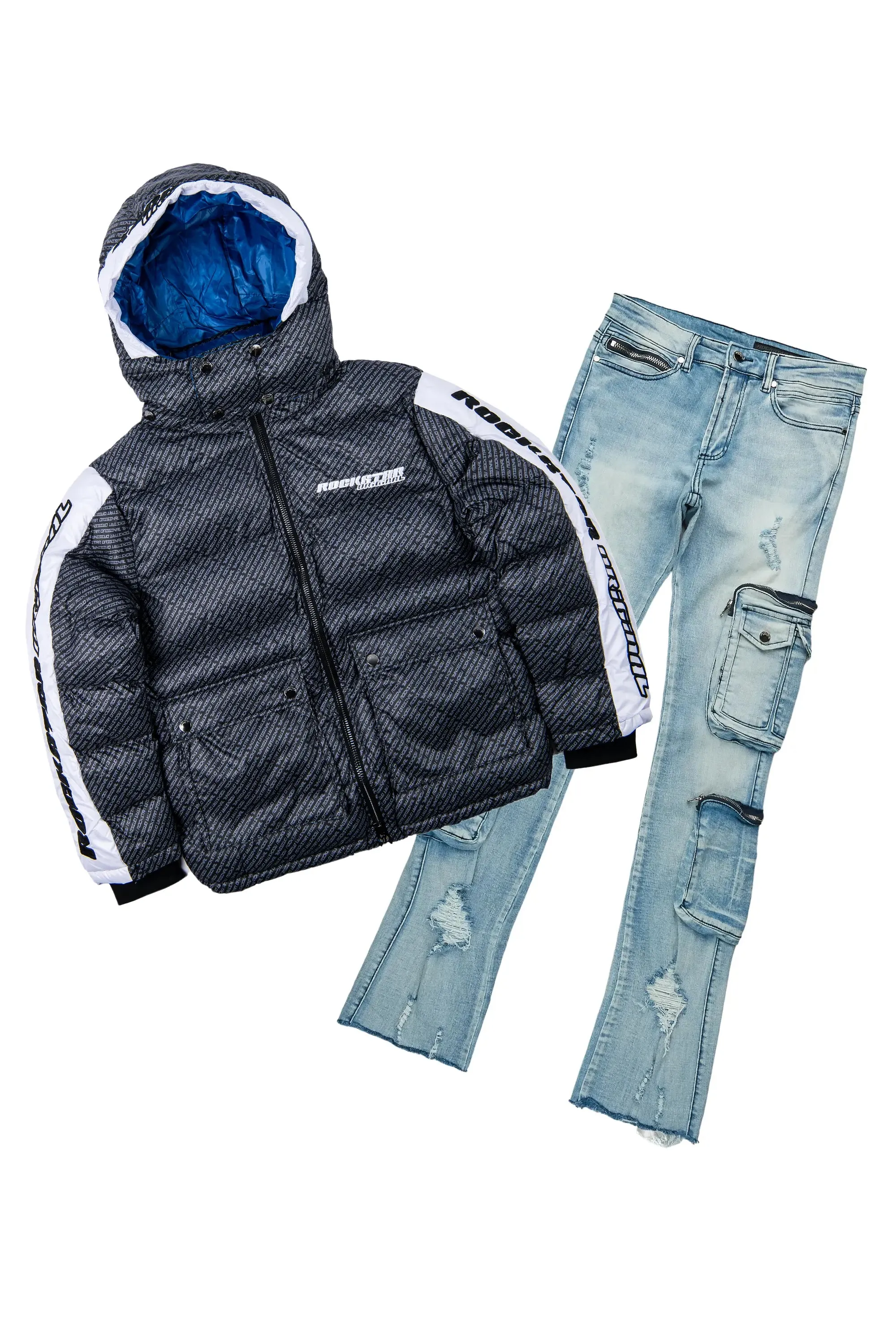 Bryson Puffer Black & Sutton Blue Super Stacked Flare Jean Bundle