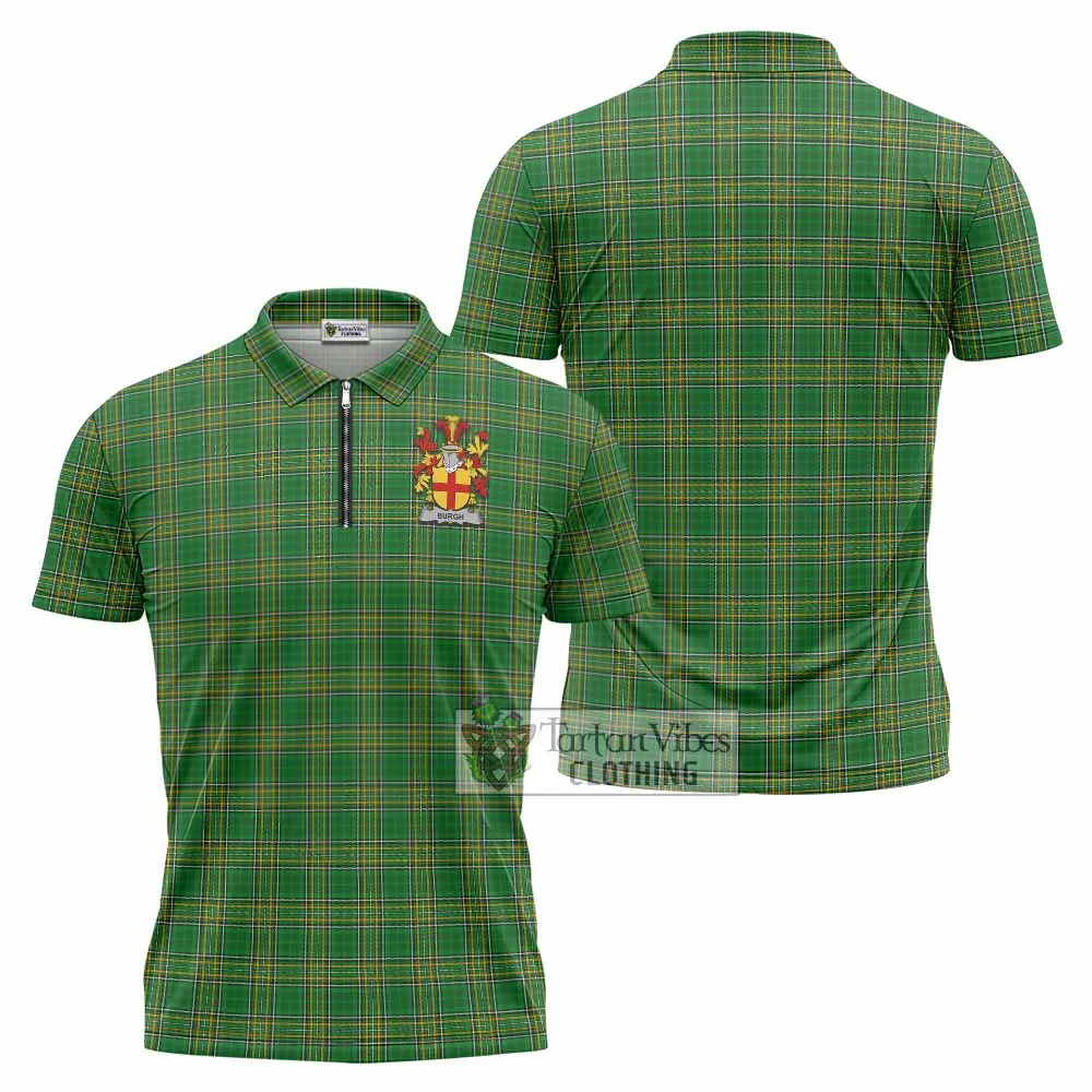 Burgh Irish Clan Tartan Zipper Polo Shirt with Coat of Arms