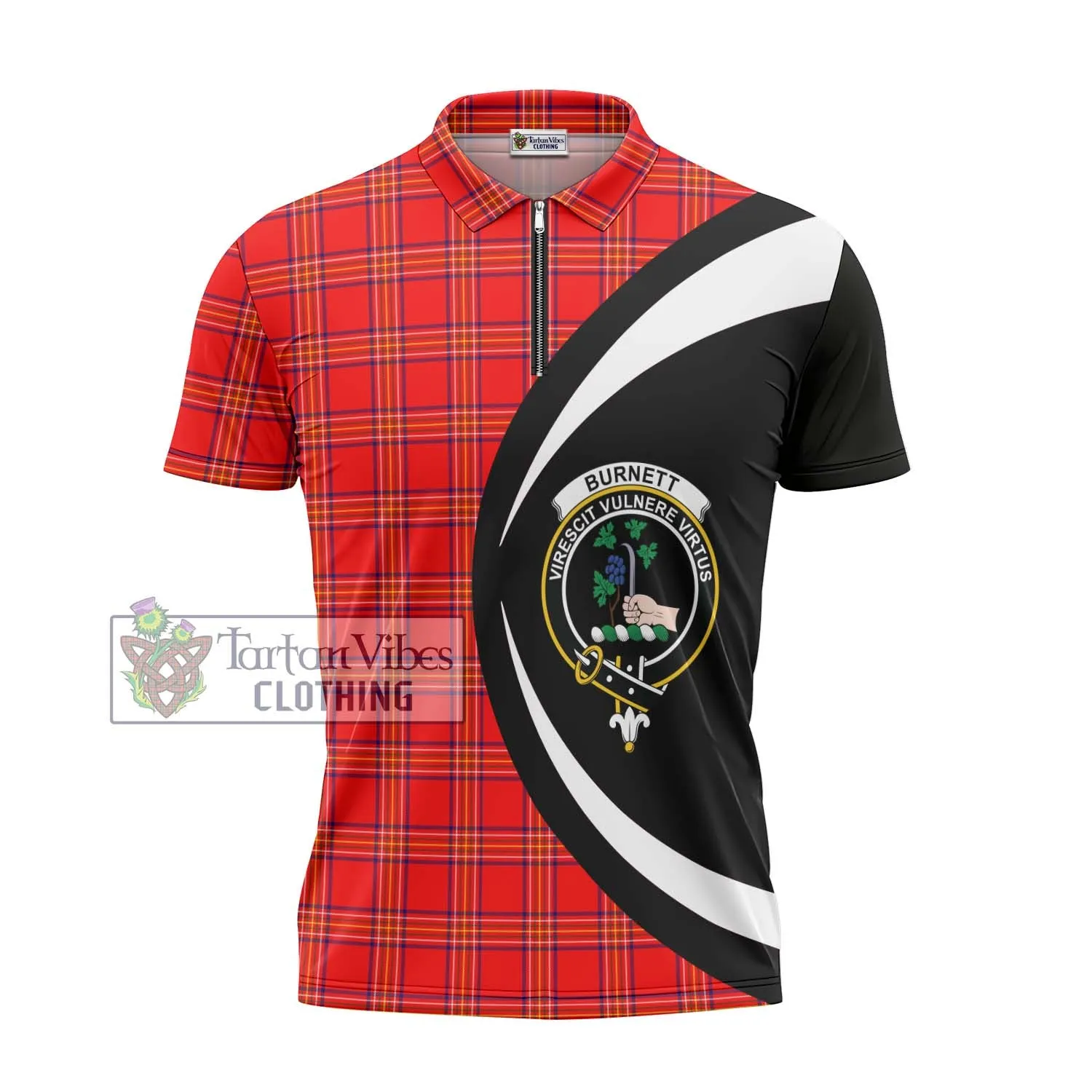 Burnett Modern Tartan Zipper Polo Shirt with Family Crest Circle Style