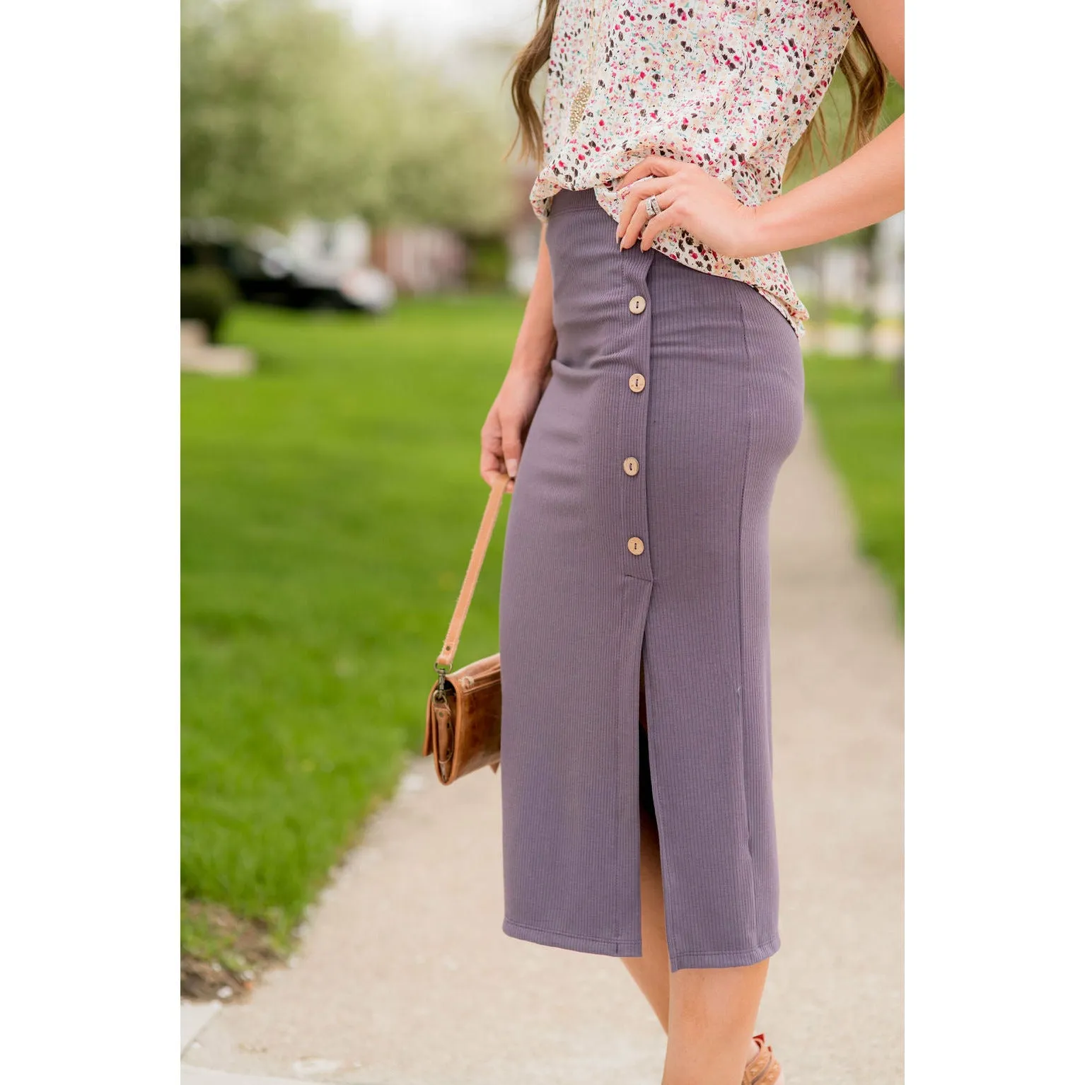 Button Accent Side Slit Midi Skirt