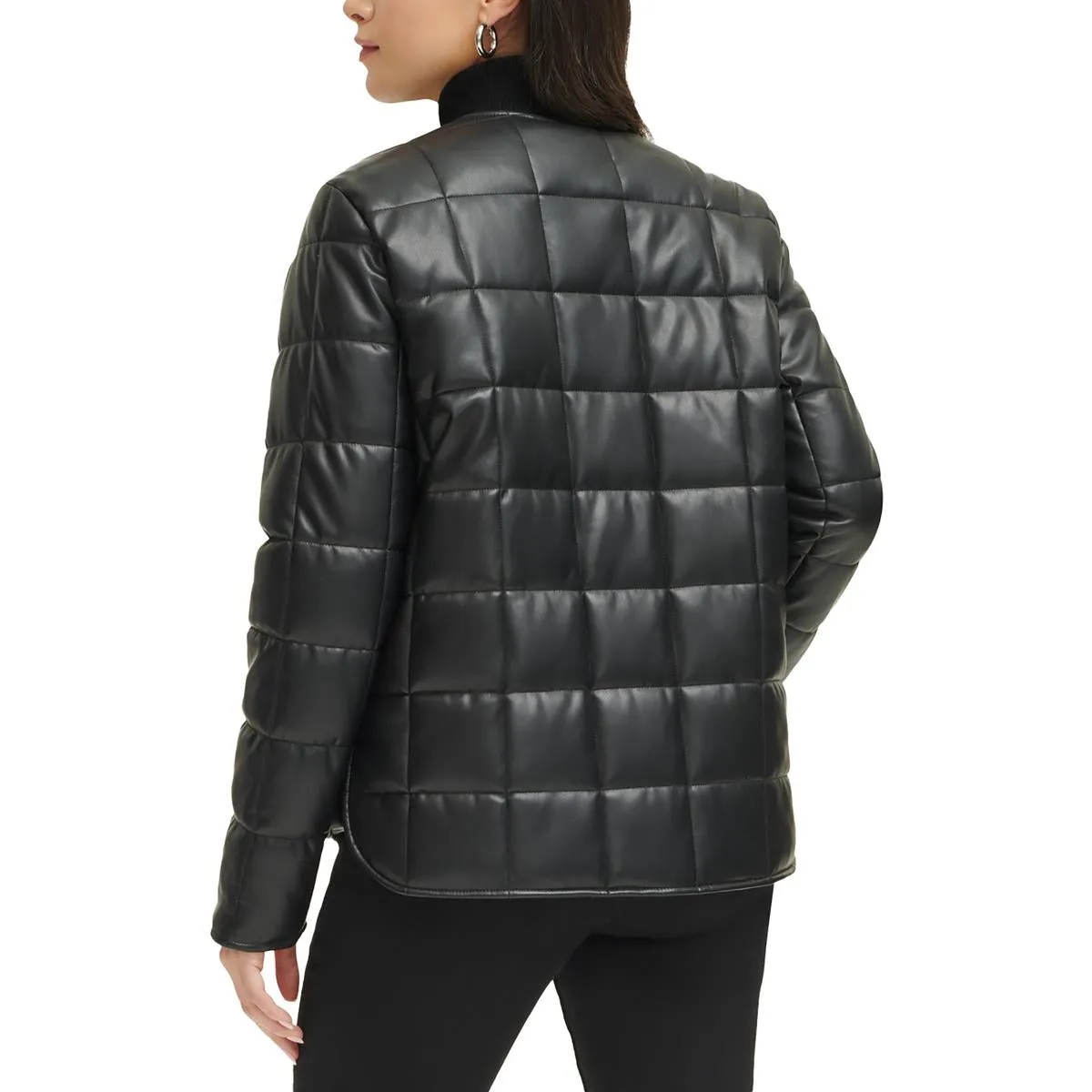 Calvin Klein Womens Quiled Faux Leather Puffer Jacket