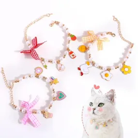 Cartoon Ribbon Pearl Cat Collar