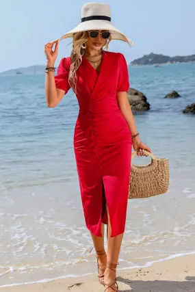 Catarina Wrap Surplice Ruched Puff Sleeve Dress