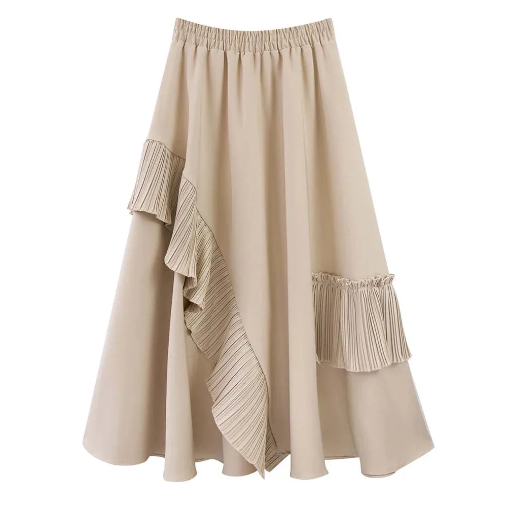 Chic Spliced Ruffles Skirts For Women High Waist Mid Calf Patchwork Folds Temperament Skirt Female Fashion Clothing