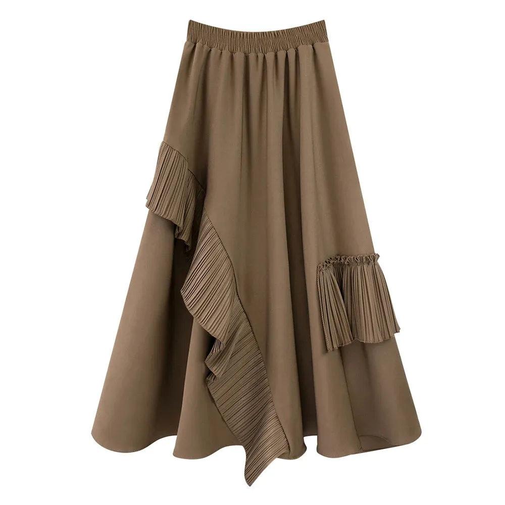 Chic Spliced Ruffles Skirts For Women High Waist Mid Calf Patchwork Folds Temperament Skirt Female Fashion Clothing