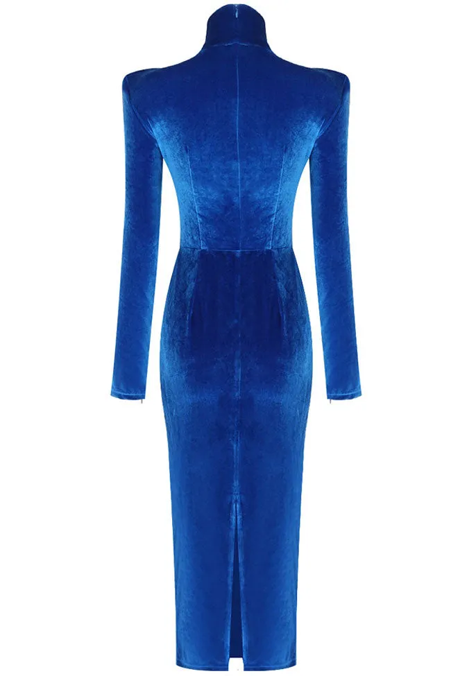 Classy High Neck Twist Long Sleeve Velvet Cocktail Party Midi Dress - Royal Blue