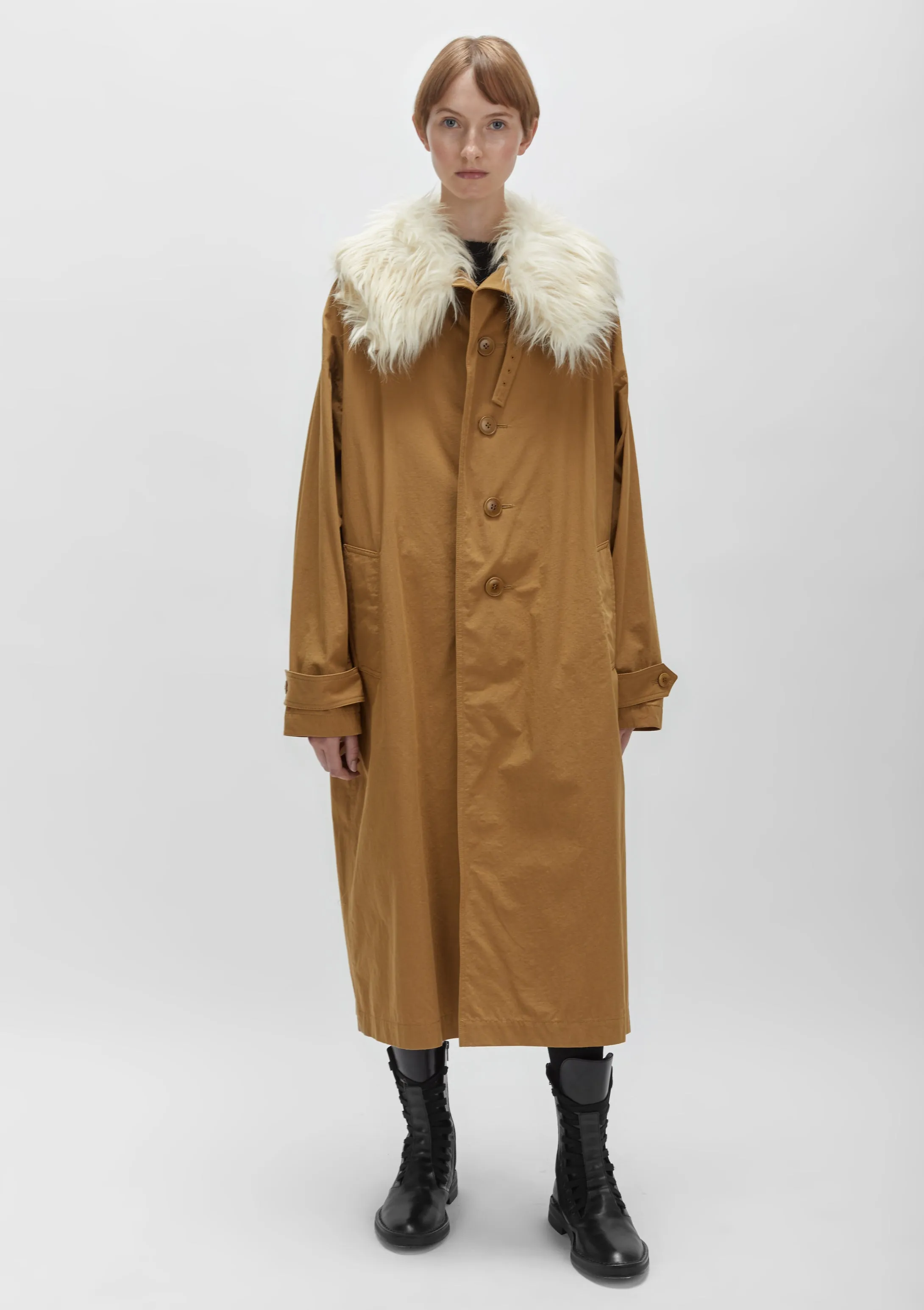 Cotton Twill Fur Collar Trench Coat