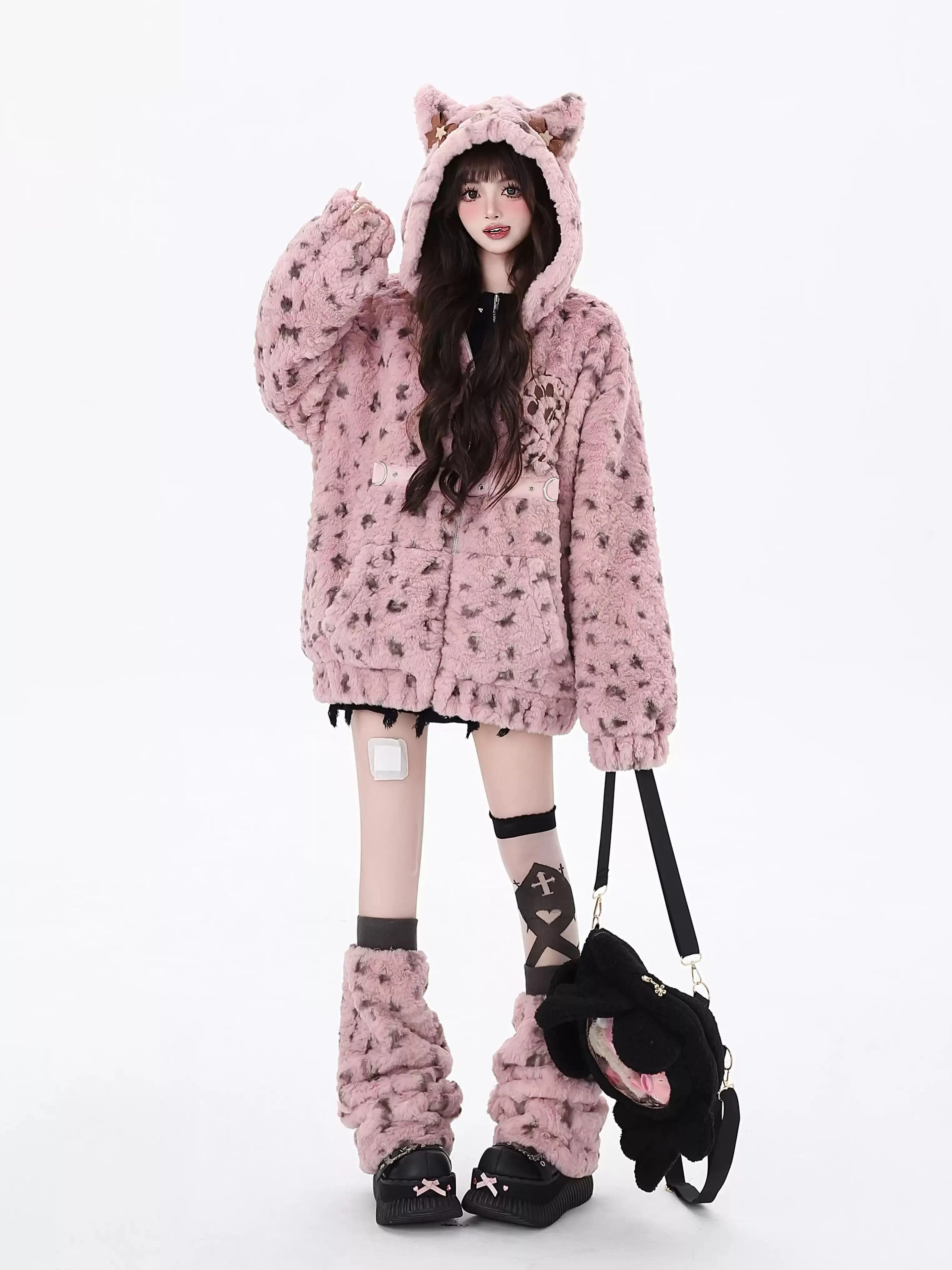 Crazy Girl Leopard Cream Cat Ears Jacket Hoodie & Leg Warmers Set