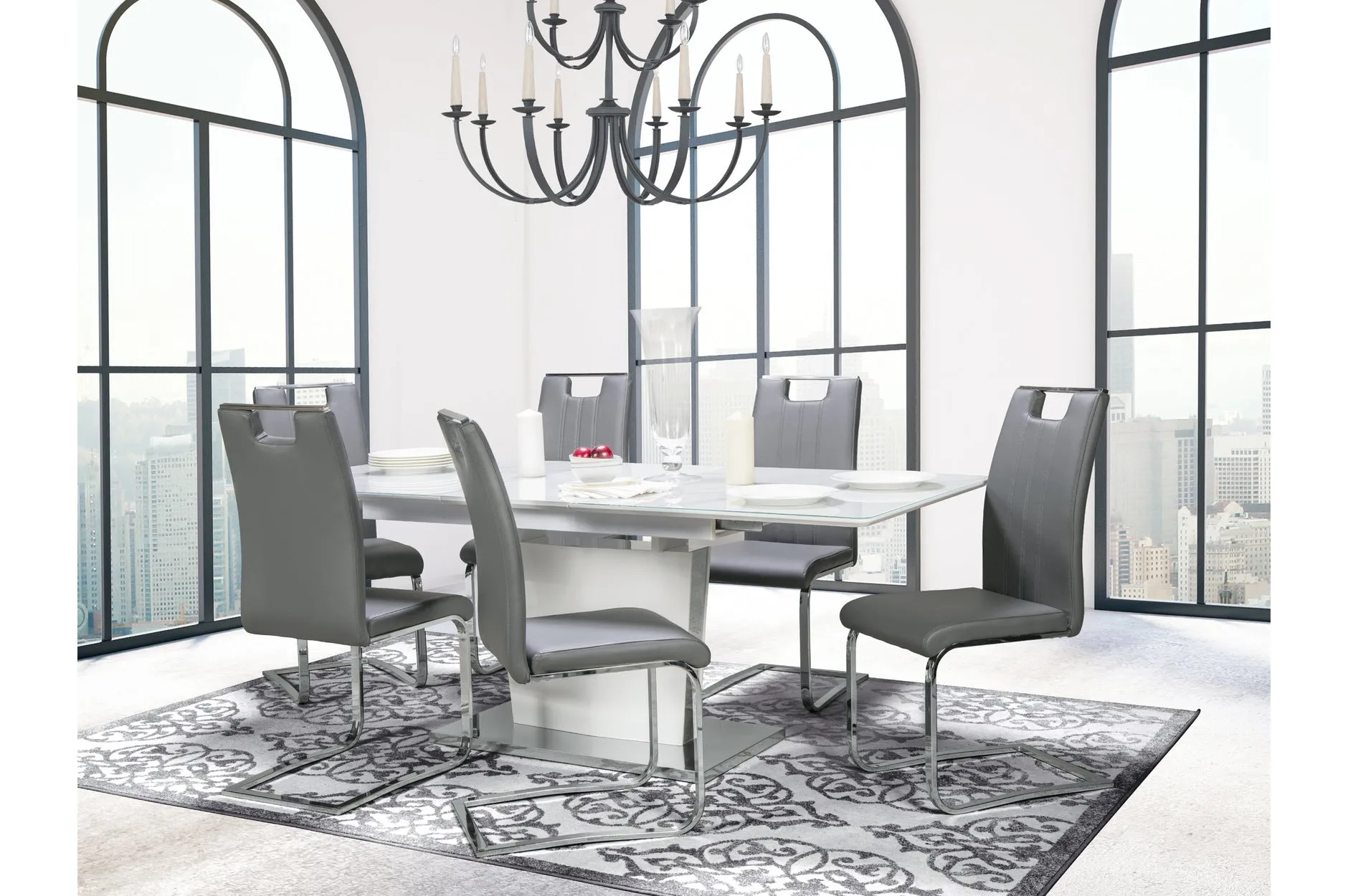 Cynthia 7 Piece Dining Set with Zane Chair in Grey Leather