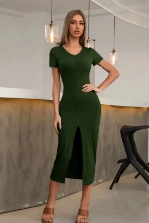 Dark Green Short Sleeve Midi Bodycon Dress