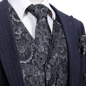 Dark Grey Paisley Jacquard Silk Men's Vest Hanky Cufflinks Tie Set