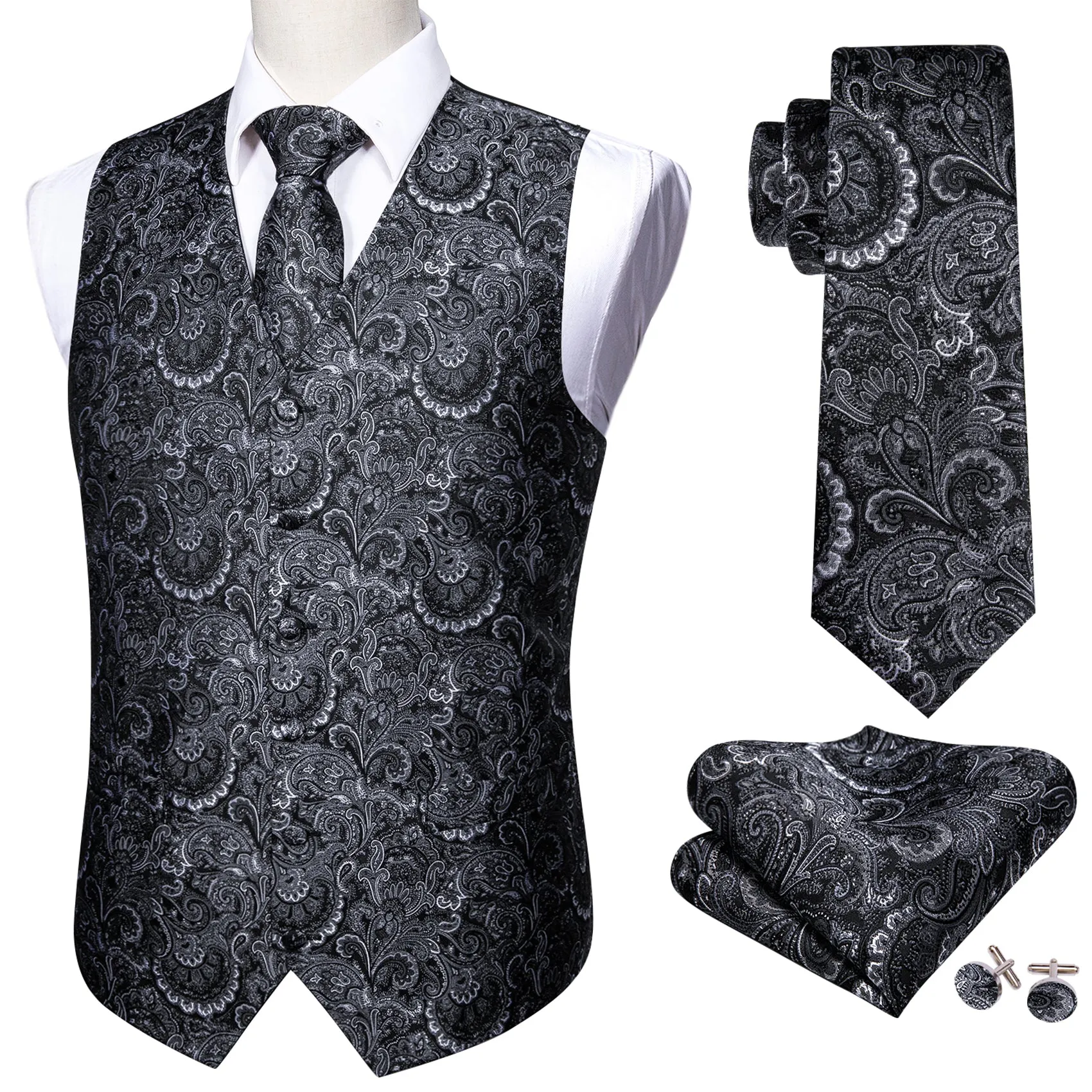 Dark Grey Paisley Jacquard Silk Men's Vest Hanky Cufflinks Tie Set