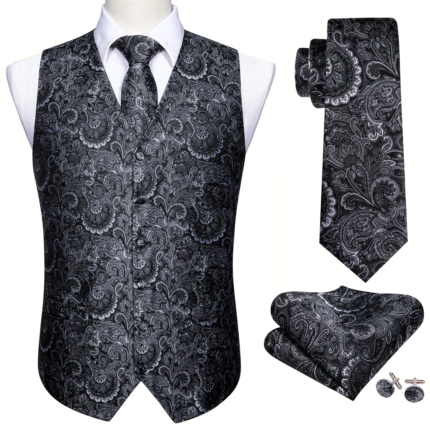 Dark Grey Paisley Jacquard Silk Men's Vest Hanky Cufflinks Tie Set