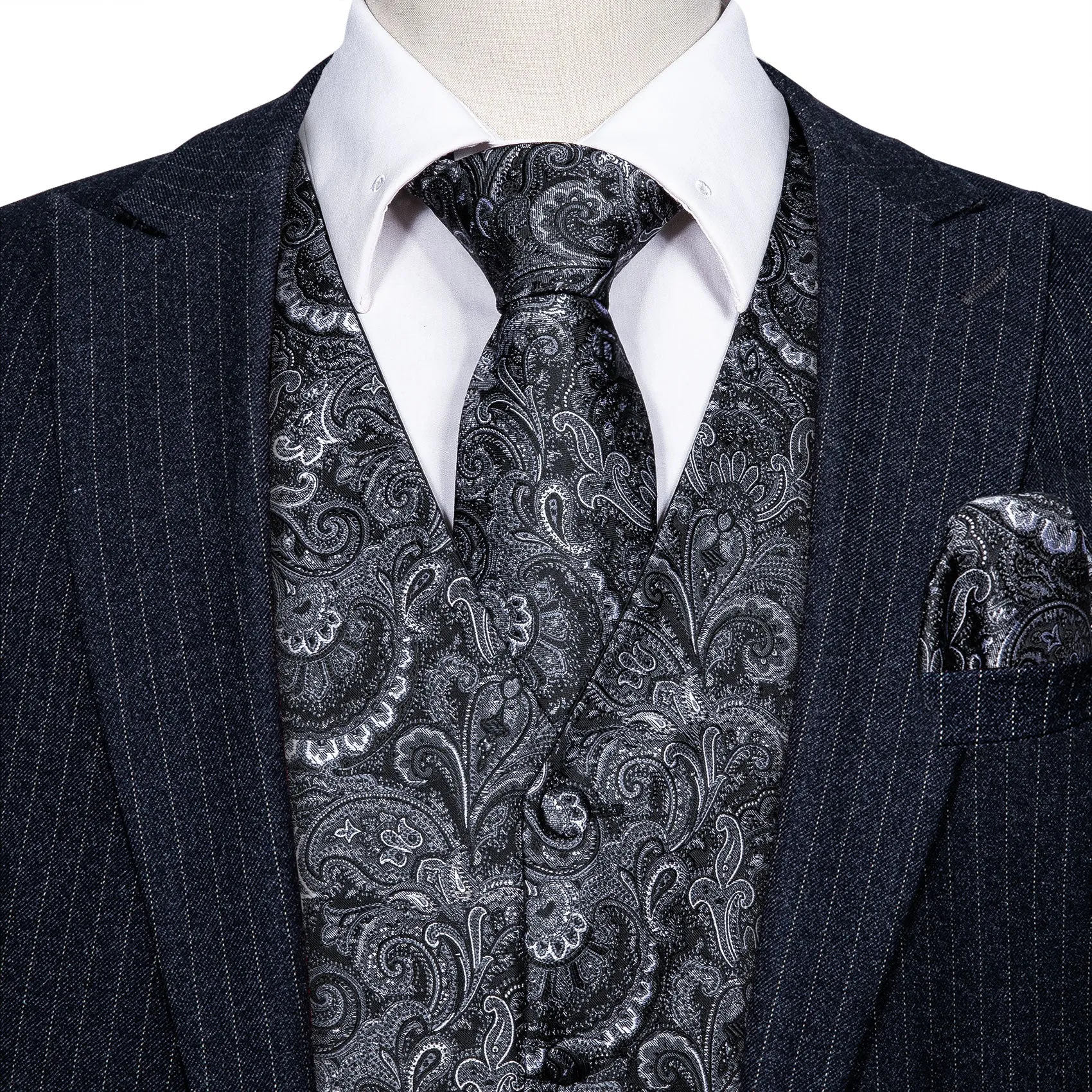 Dark Grey Paisley Jacquard Silk Men's Vest Hanky Cufflinks Tie Set