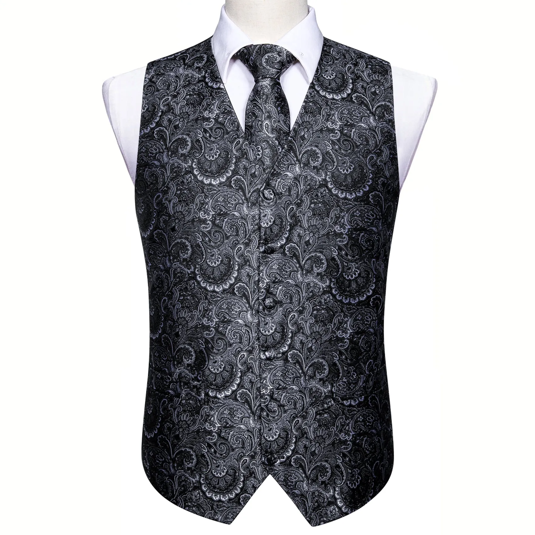 Dark Grey Paisley Jacquard Silk Men's Vest Hanky Cufflinks Tie Set