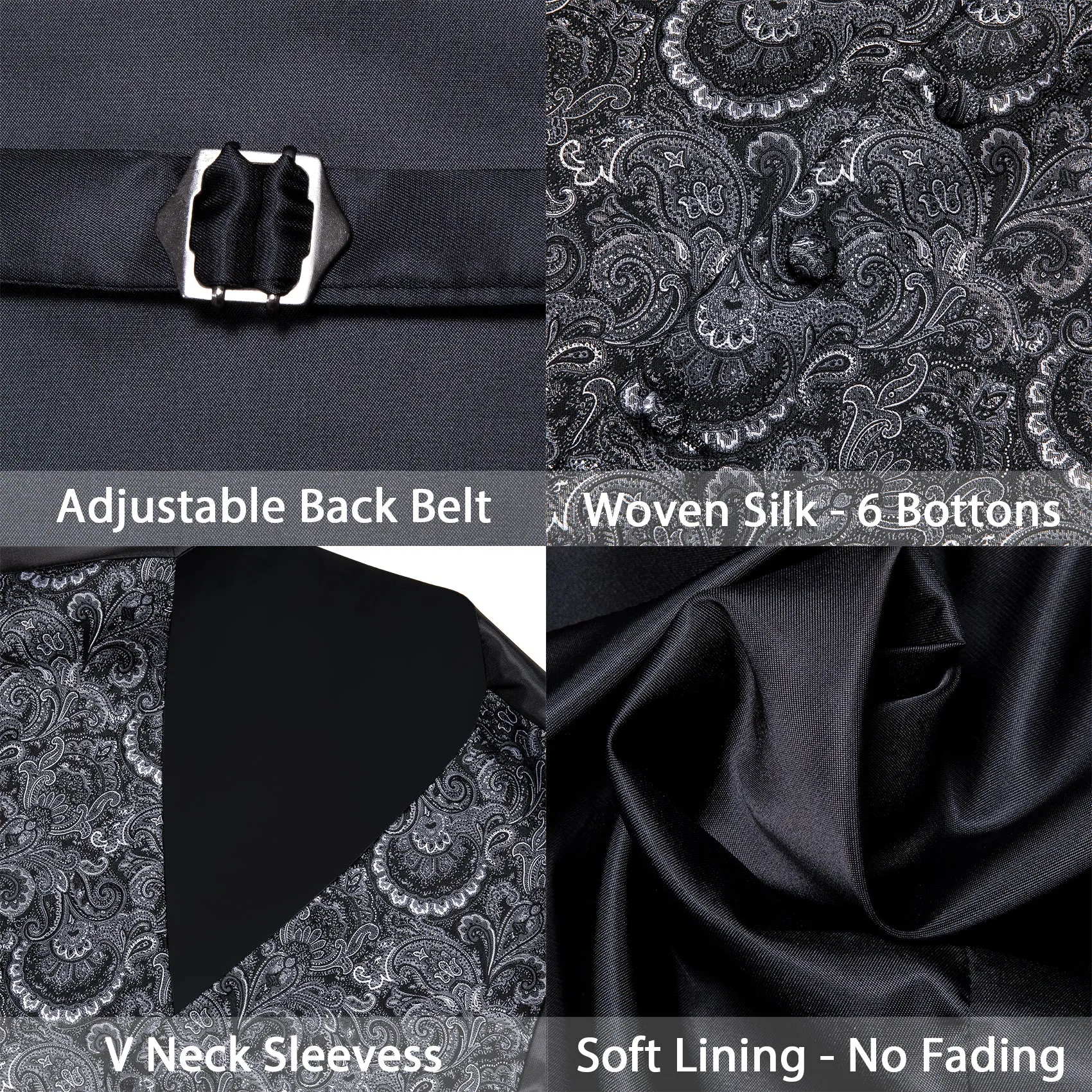 Dark Grey Paisley Jacquard Silk Men's Vest Hanky Cufflinks Tie Set