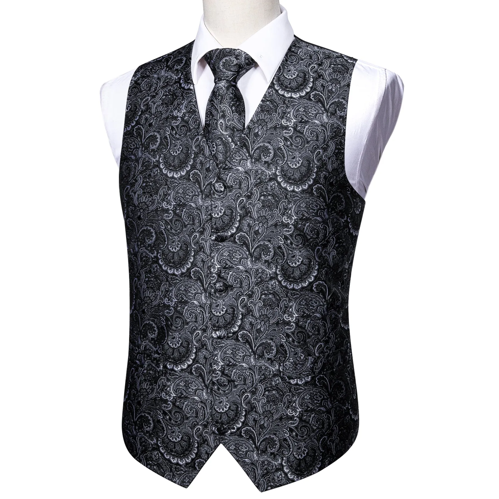 Dark Grey Paisley Jacquard Silk Men's Vest Hanky Cufflinks Tie Set