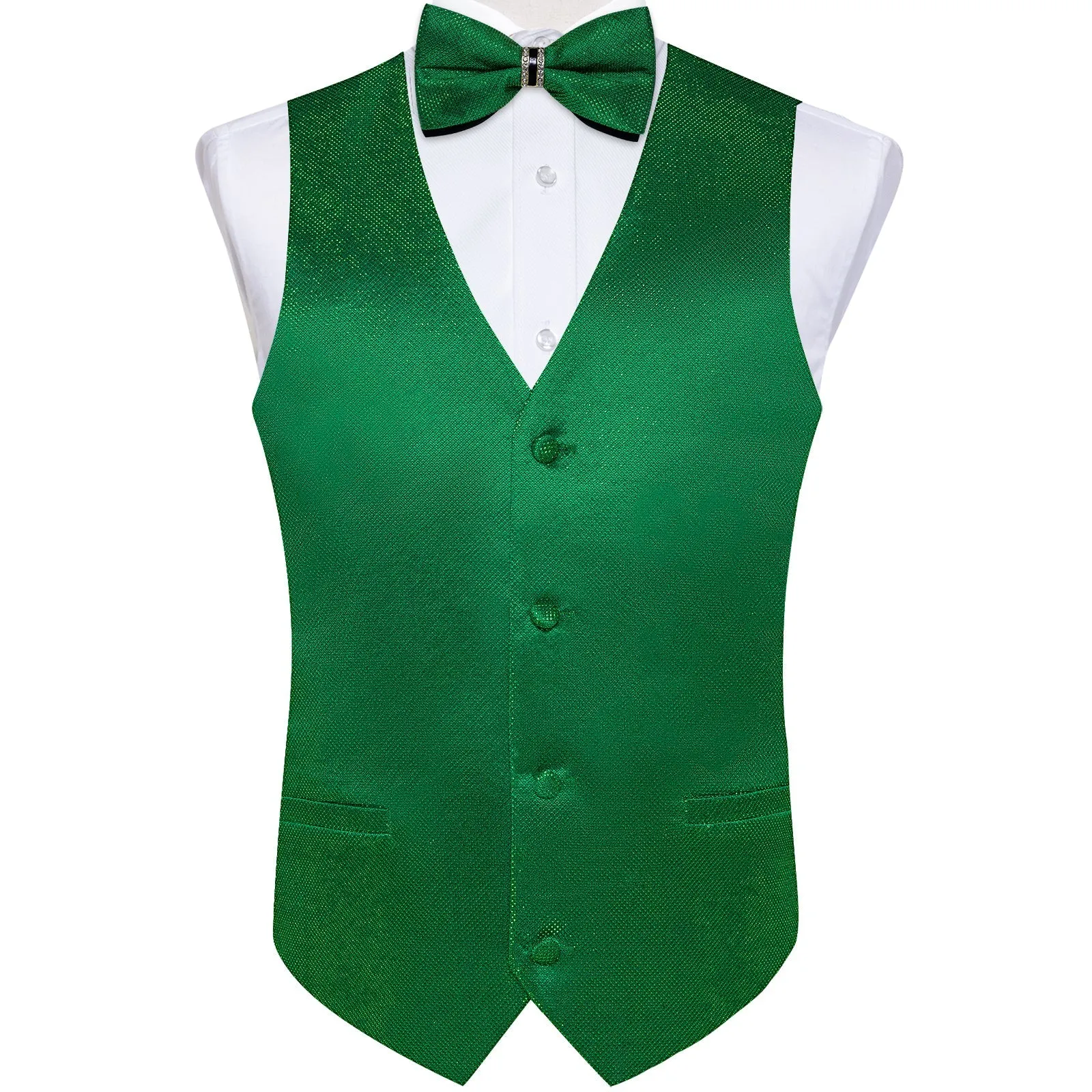 Deep Green Solid Shiny Men's Vest Bowtie Hanky Cufflinks Set Waistcoat Suit Set