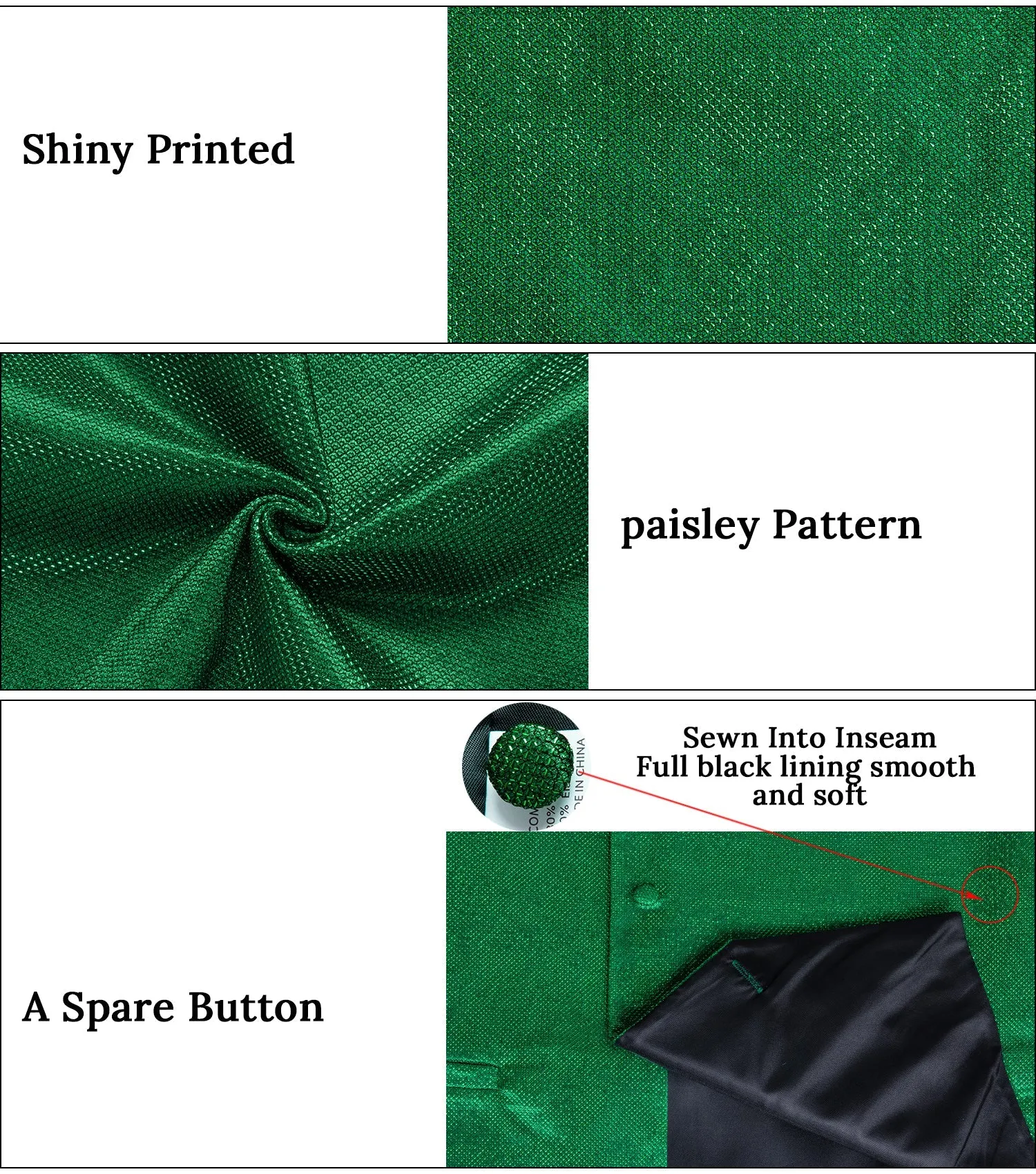 Deep Green Solid Shiny Men's Vest Bowtie Hanky Cufflinks Set Waistcoat Suit Set