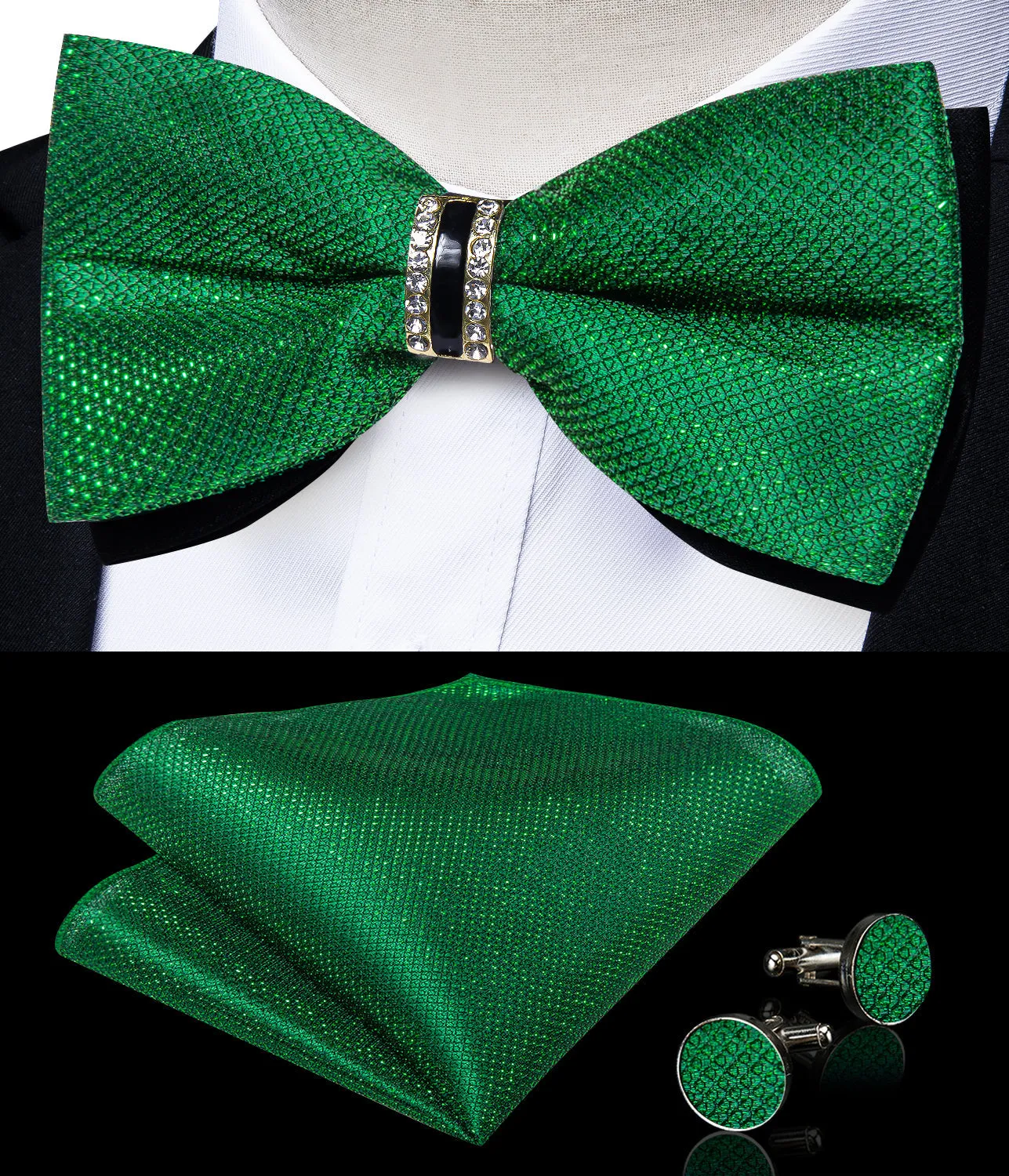 Deep Green Solid Shiny Men's Vest Bowtie Hanky Cufflinks Set Waistcoat Suit Set