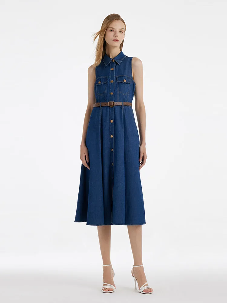 Denim Lapel Women Midi Vest Dress With Belt