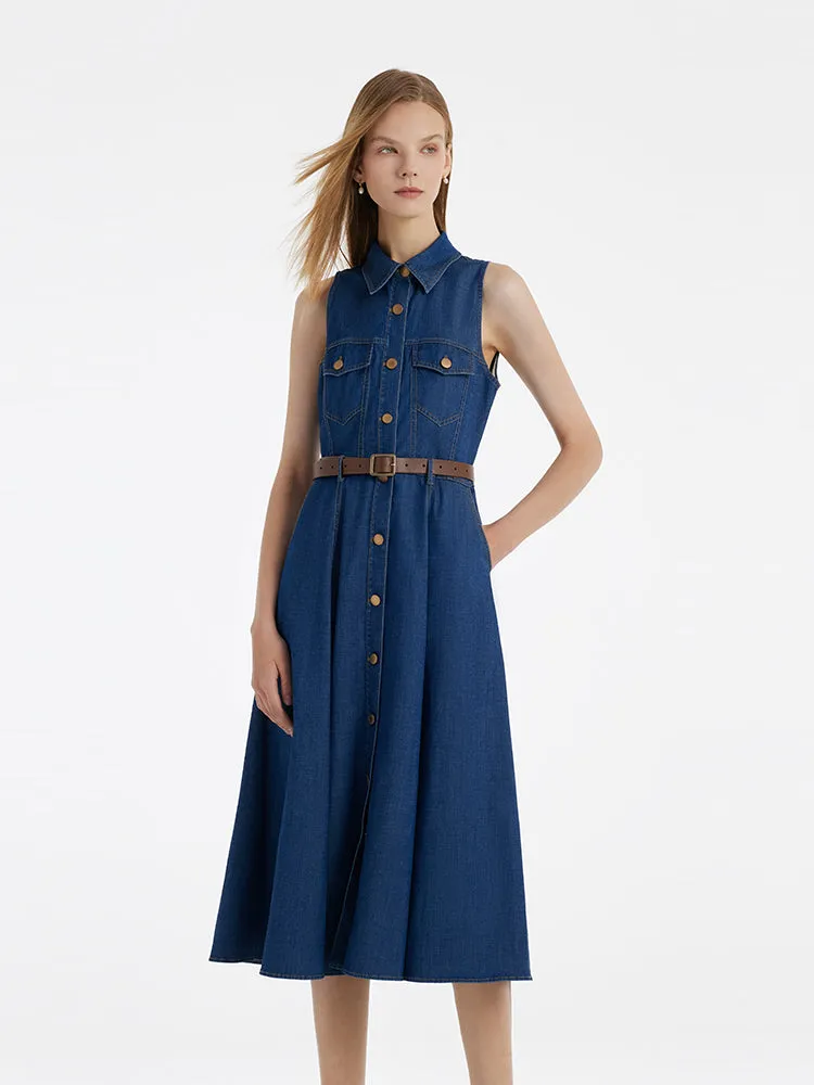 Denim Lapel Women Midi Vest Dress With Belt