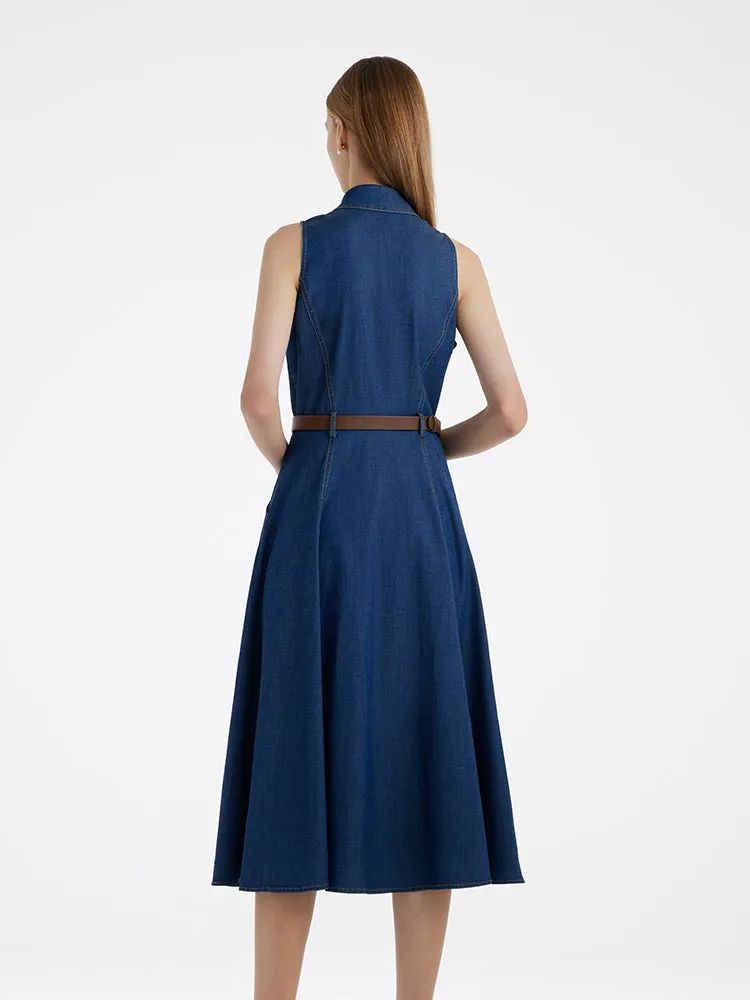 Denim Lapel Women Midi Vest Dress With Belt