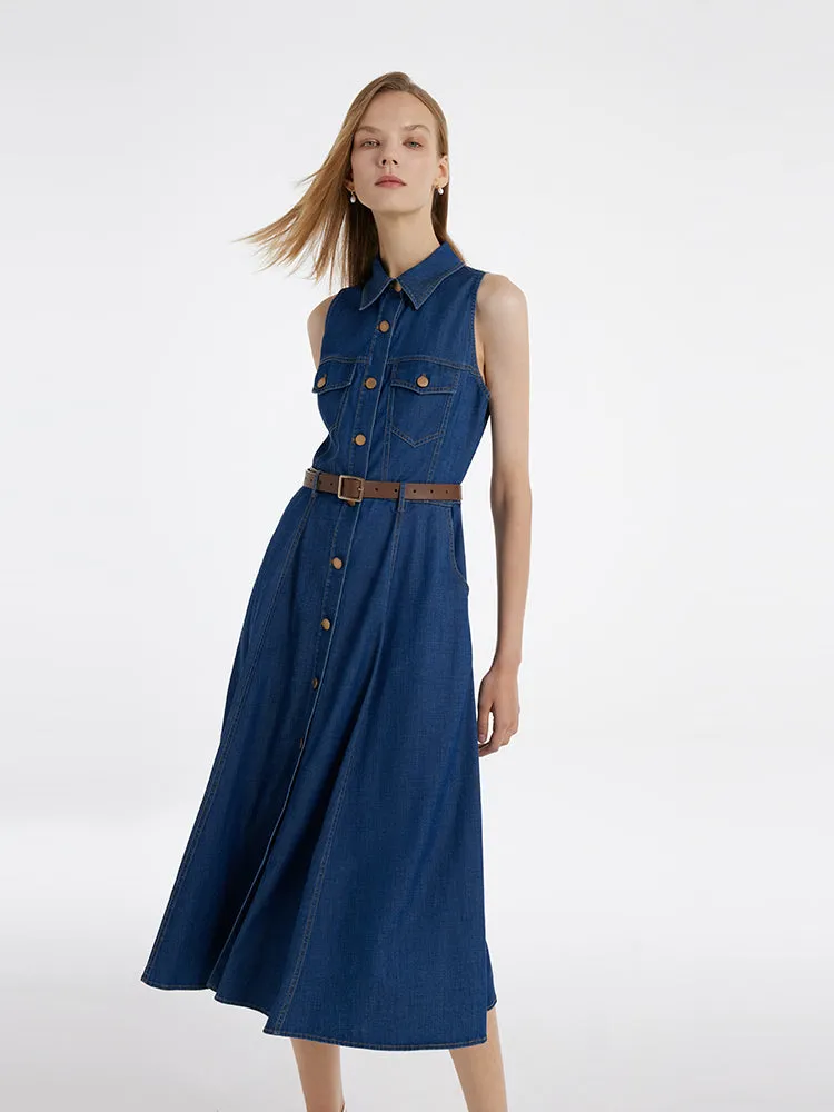 Denim Lapel Women Midi Vest Dress With Belt