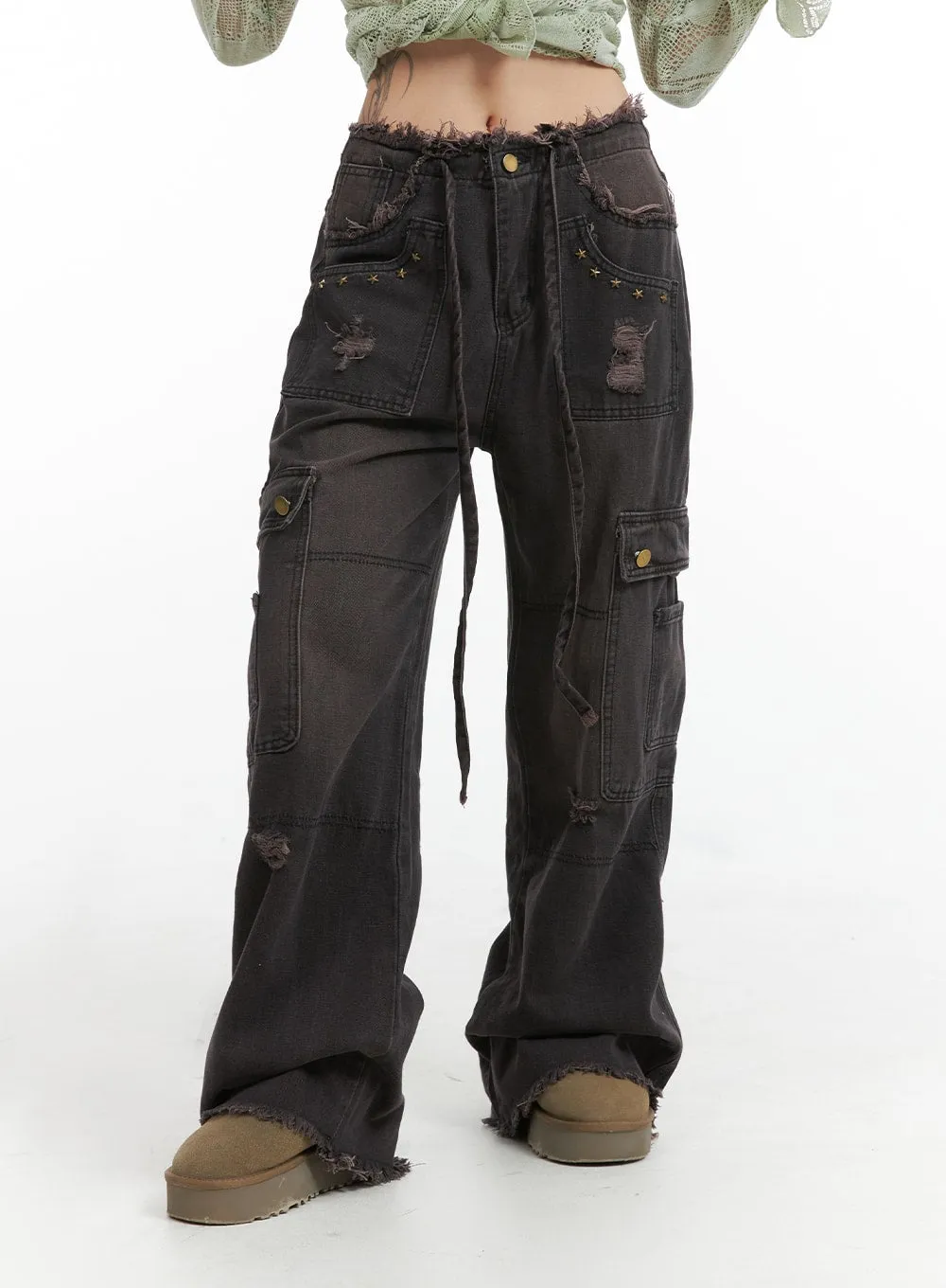 Destroyed Cargo Wide Denim IJ411