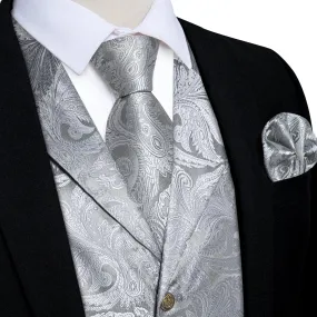 DiBanGu Notched Collar Vest Silver Grey Floral Jacquard V Neck Waistcoat Tie Hanky Cufflinks Set