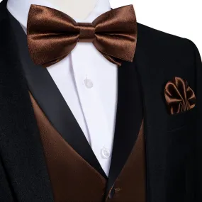 DiBanGu Tuxedo Vest Deep Brown Solid Silk Mens Button Business Vest and Bow Tie Set