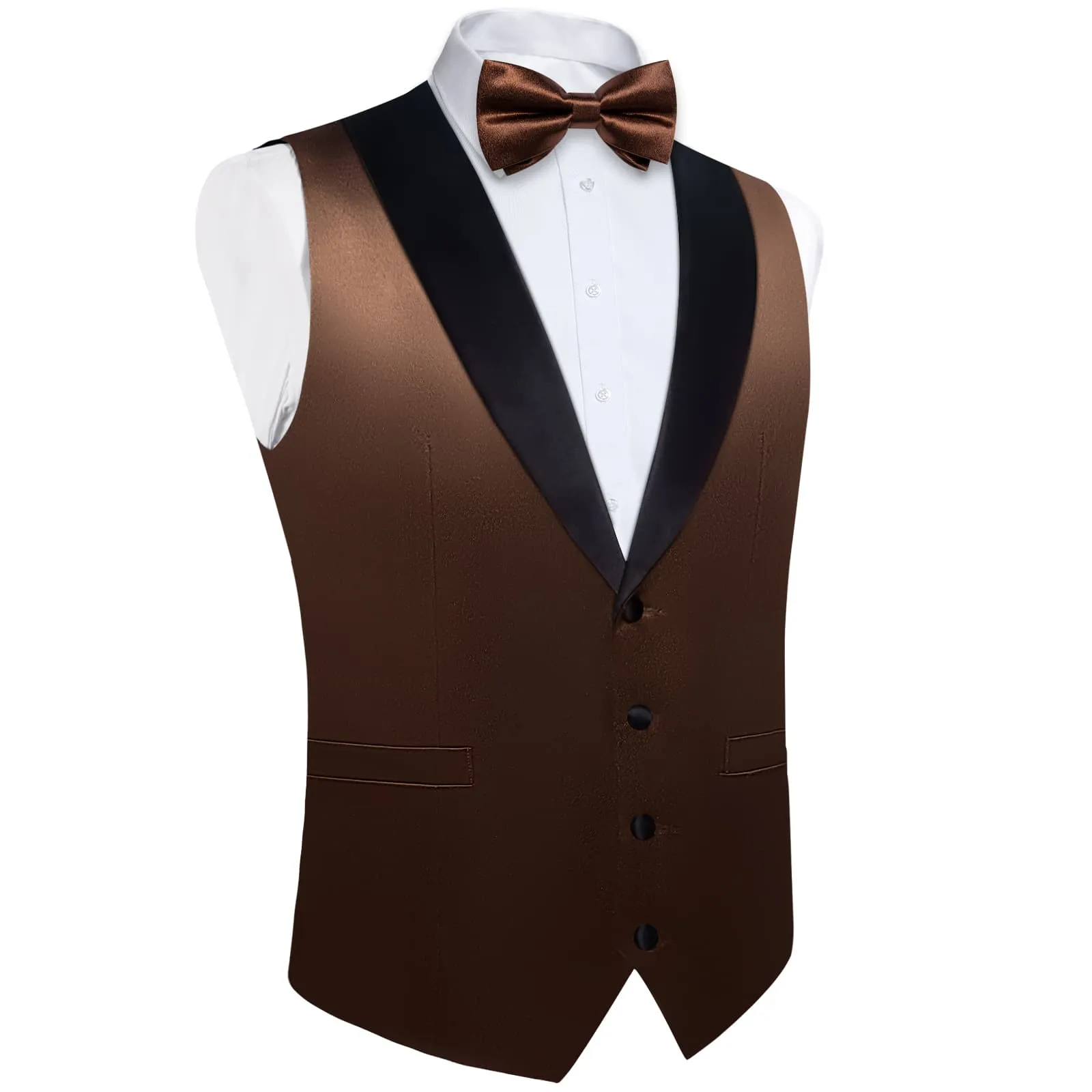 DiBanGu Tuxedo Vest Deep Brown Solid Silk Mens Button Business Vest and Bow Tie Set